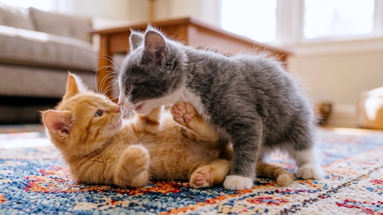 「「つぎはボクの番ニャ!」🐾✨見つめ合って楽しそうに遊ぶ仲良しコンビのひとときにほっこり笑顔がこぼれます🌿 #子猫 #猫のいる暮らし #じゃれ合い」Ultra-realistic high-quality photograph of a ginger kitten and a grey-and-white kitten playing together on a vibrant rug. The ginger kitten lies comfortably on its back looking up warmly, while the grey kitten stands over it with lifted paws, making close eye contact. Filled with soft natural sunlight in a warm home interior with shallow depth of field. 柄物のラグの上で、仰向けで上を見上げる茶トラの子猫と、その上に立ち上がり顔を近づけるグレー&ホワイトの子猫。茶トラの子猫はリラックスして足を上げ、グレー白の子猫は四肢でしっかりバランスを取りながら相手の目を見つめて遊んでいます。明るい窓辺からの柔らかな自然光が室内全体を照らし、背景の木製家具やソファーが心地よくボケた、あたたかみのある高画質ショット