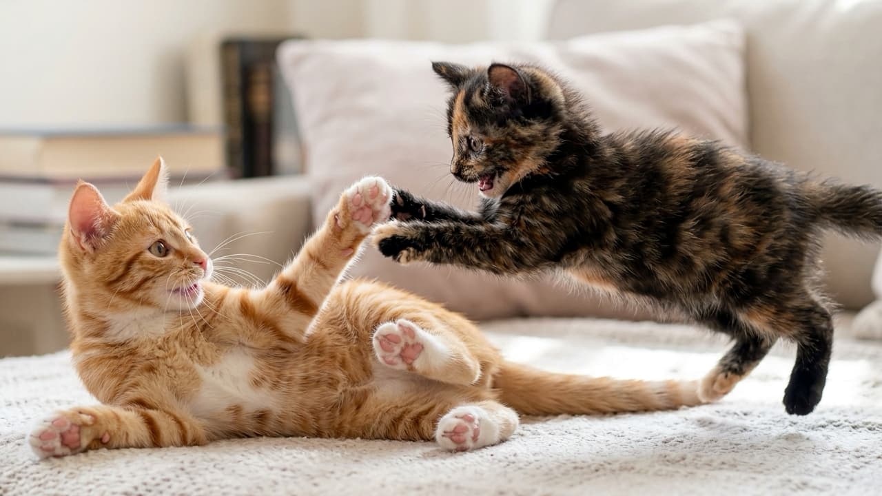 「「ねえねえ遊ぼうよ!」元気いっぱいな子猫たちのプロレスごっこ🐈💥 楽しそうな表情に癒されちゃいますよね💕 どっちが勝つか予想してみてね👇✨ #子猫 #猫のいる暮らし #じゃれ合い」Ultra-realistic high-quality photograph of two kittens playfully wrestling on a sofa bathed in soft natural light. A bright orange tabby kitten lies on its back, while a tortoiseshell kitten pounces from the side. Their fluffy fur, joyful expressions, and paws meeting in the air are intricately detailed. 柔らかな自然光が差し込むソファの上で、お腹を見せて寝転ぶ明るい茶トラの子猫と、横から元気よく飛びかかるサビ柄(またはダークなキジトラ混ざり)の子猫がじゃれ合う様子。丸みを帯びた前足が空中で交差し、2匹の楽しげな表情とモフモフとした被毛の質感が極めてリアルに描写された高画質画像