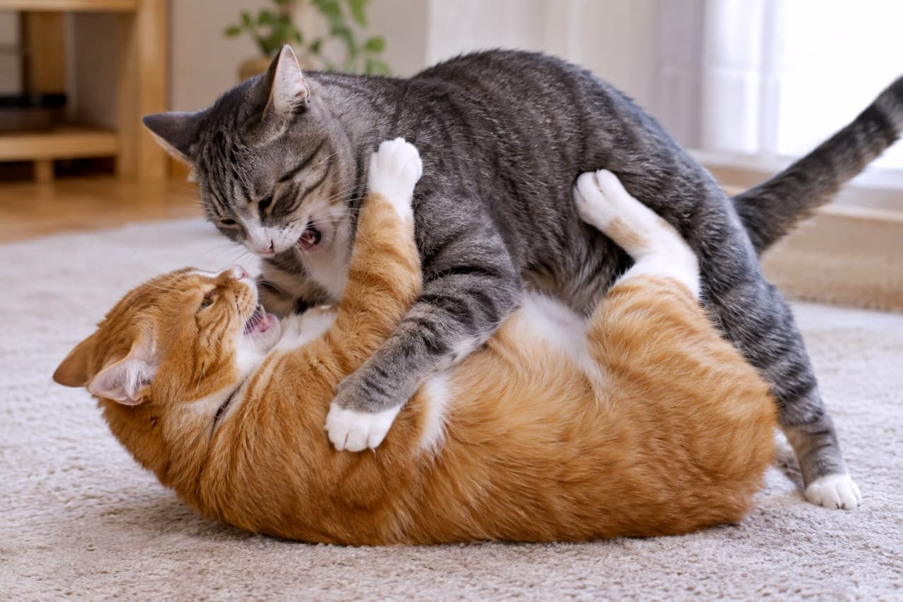 「カーペットの上が本日の「リング」!サバトラvs茶トラ、負けられない戦いがここにある🐈💨 #猫レスリング #猫のいる暮らし #躍動感 #猫好きさんと繋がりたい」An ultra-realistic high-quality photograph of two adult cats engaged in an energetic but playful wrestling match on a beige carpet. The cat on top, a silver tabby and white, is pinning the other cat, a red tabby and white, on its back. The lower cat is pushing against the top cat's chest with both hind paws. Both cats have playful expressions with mouths open, gently mouthing, and are gripping each other's shoulders with their front paws. The soft natural light highlights the detailed fur and carpet texture, with blurred wooden furniture, a plant, and a bright window in the background. 明るい室内のベージュのカーペットの上で、2匹の大人の猫が激しくも楽しげにじゃれ合いレスリングをしている。上のシルバータビー(サバトラ)と白の猫が、仰向けになったレッドタビー(茶トラ)と白の猫に馬乗りになり、茶トラは後ろ足で上の猫の胸を必死に押している。両猫とも口を開け、遊びの興奮を隠せない表情で、互いの前足でしっかりと肩や胴体を掴み合っている。柔らかな自然光が2匹の鮮明な毛並みとカーペットの質感を際立たせ、背景の木製家具や植物、明るい窓が温かい雰囲気を演出