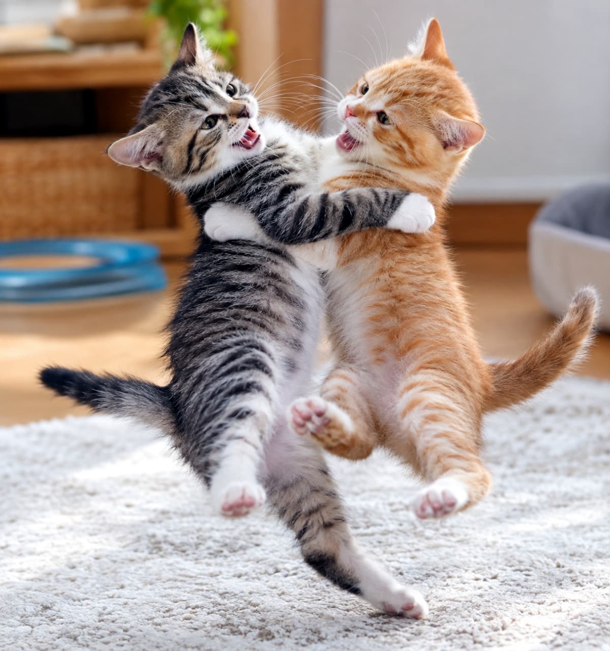 「決死のレスリング!?シルバーと茶トラの子猫、全力疾走ならぬ全力相撲!🐈💨 遊び盛りな姿に元気をもらっちゃう💕 #猫 #子猫 #レスリング #躍動感 #猫のいる暮らし #子猫 #キジトラ #猫好きさんと繋がりたい #子猫の日常 #子猫のいる暮らし」An ultra-realistic high-quality photograph of two kittens, a silver tabby and a red tabby & white, caught in a moment of dynamic wrestling. They are standing on their hind legs, front paws wrapped around each other's necks, appearing to be tumbling backward in mid-air. Both have wide-open playful mouths, showing intense excitement. The scene takes place on a white shaggy rug in a sunlit living room with blurred wooden furniture and a cat bed in the background. 明るいリビングの白いシャギーラグの上で、後ろ足で立ち上がり、互いに前足で首元を抱き合って宙に浮いているような、躍動感あふれるシルバータビーとレッドタビー&ホワイトの2匹の子猫。口を大きく開けて遊びに興奮しており、自然光の中で被毛の質感が鮮明に写っている。背景はぼかされた木製の家具やキャットベッド