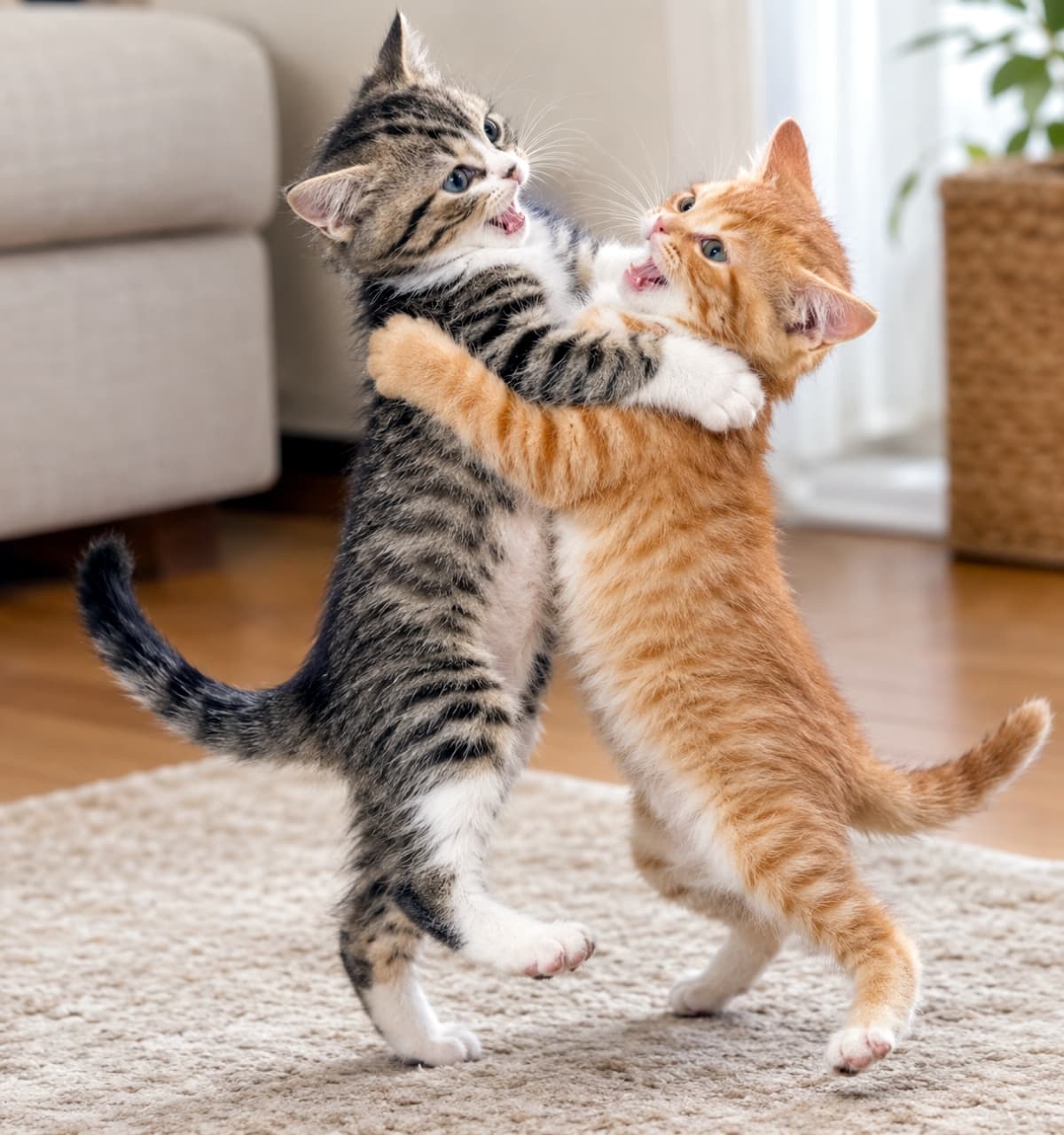 「まるでダンスのような二足立ちハグバトル!?口を開けて無邪気にじゃれ合う子猫ちゃんたちに胸キュン死確定ッ😻 #猫のいる暮らし #子猫 #キジトラ #猫好きさんと繋がりたい #子猫の日常 #子猫のいる暮らし」Ultra-realistic high-quality photograph of two domestic shorthair mixed kittens—a brown tabby with white paws and a ginger tabby—standing upright on their hind legs on a beige carpet. They are playfully grappling and hugging each other with front paws wrapped around shoulders, both featuring expressive open mouths and joyful faces. Soft natural light illuminates the indoor room, highlighting their fluffy fur, clear eyes, and a blurred background with a sofa and plant. 明るく清潔感のある室内で、ベージュのラグの上に直立して抱き合う2匹の短毛種子猫。左側のキジトラ白(ブラウンタビー&ホワイト)と右側の鮮やかな茶トラ(レッドタビー)が後脚でバランスよく立ち上がり、前脚で互いの肩や背中をぎゅっと回してハグしながら、口を大きく開けて無邪気な表情でじゃれ合っている。ふんわりとした毛並みの質感やクリアな瞳、背景のソファや観葉植物に注ぐ温かい自然光まで鮮明に描かれた高精細な写真