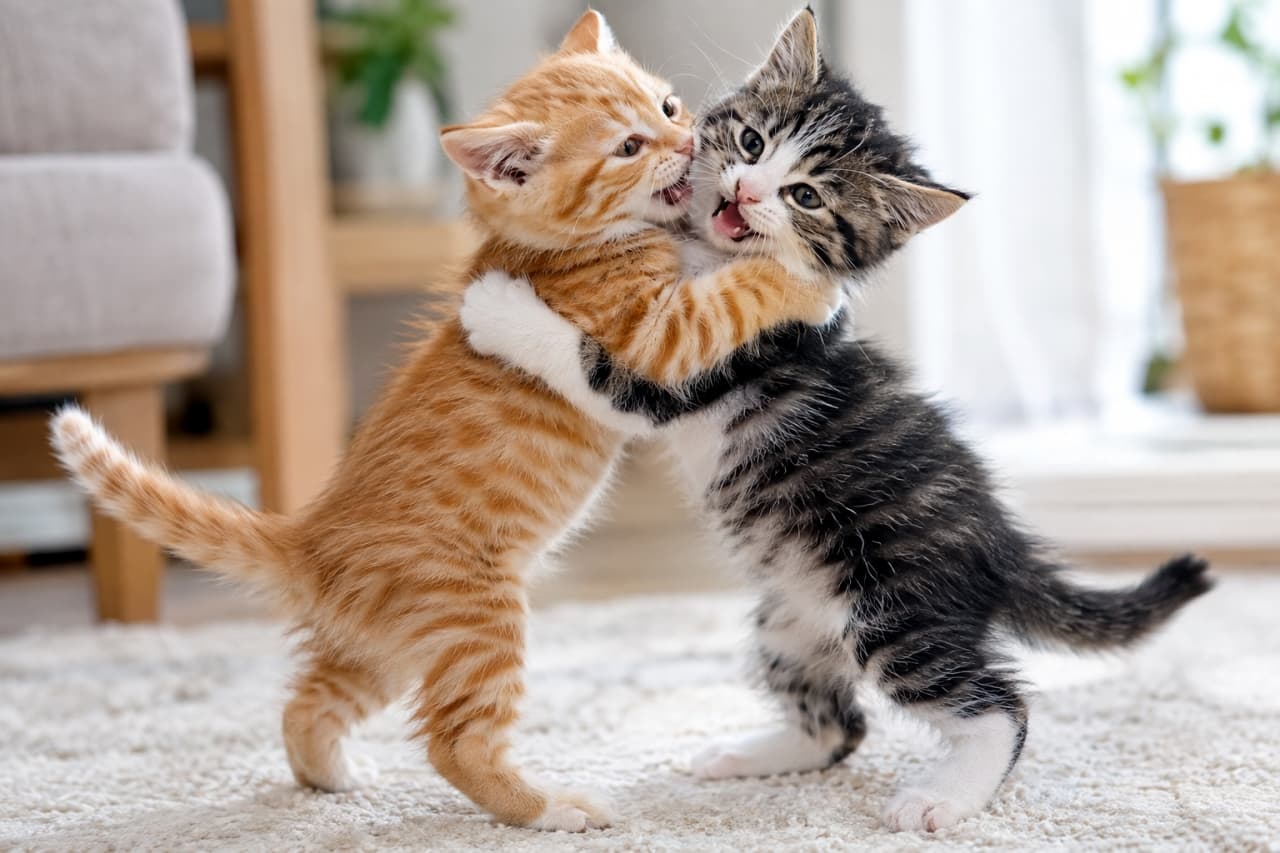 「まるでダンスかハグ!?二足立ちで熱いバトルを繰り広げる子猫ちゃんたちに胸キュン不可避ですッッキュンバキュン😻立ち姿可愛すぎ! #猫好きさんと繋がりたい #子猫の日常 #子猫のいる暮らし」Ultra-realistic high-quality photograph depicting two domestic shorthair kittens—a ginger tabby with white paws and a black-and-grey tabby with white paws—standing upright on their hind legs on a soft cream-colored rug. They are playfully grappling and hugging each other around the shoulders, gently mouthing each other's cheeks with expressive, joyful faces. Soft natural light fills the living room background with warm tones, capturing the fine details of their fur, bright eyes, and friendly body language. 明るく清潔感のある室内で、柔らかい白系のラグの上に立つ2匹の短毛種子猫。左側の鮮やかな茶トラ白の子猫と右側のキジトラ白の子猫が後脚でしっかりと立ち上がり、互いの肩に前脚を回してハグするように抱き合いながら、楽しそうにお互いの頬を甘噛みしてじゃれ合っている。つぶらな瞳と開いたお口、ふんわりとした毛並みの質感、背景の木製家具や観葉植物に注ぐ柔らかい自然光まで鮮明かつ情熱的に捉えられた高精細な写真