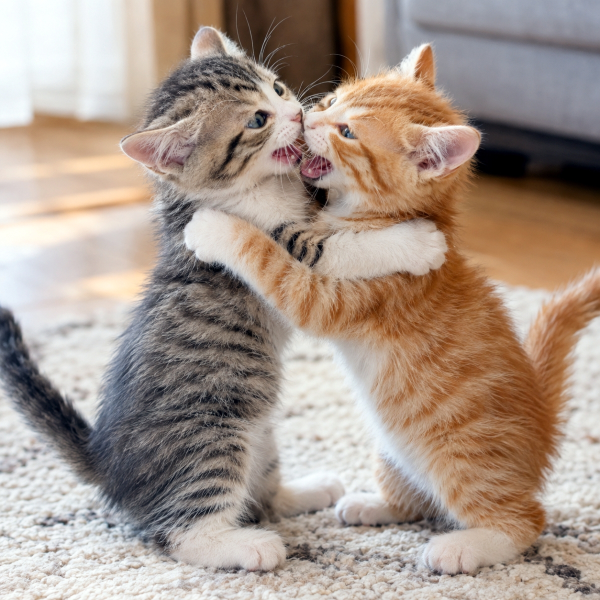 「鼻先を合わせてぎゅっとハグ!全力でじゃれ合う子猫たちの姿に癒やし効果バツグンですッ🐾✨ #猫のいる暮らし #子猫 #キジトラ #猫好きさんと繋がりたい #子猫の日常 #子猫のいる暮らし」Ultra-realistic high-quality photograph of two shorthair kittens—a brown tabby with white paws and an orange tabby—standing and hugging nose-to-nose on a soft rug in a bright room, featuring playful open-mouthed expressions and natural sunlight. 明るい室内で柔らかいラグの上に立ち、互いに抱き合って遊ぶ2匹の短毛種子猫。左のキジトラ白と右の茶トラ白が直立気味の姿勢で前脚を肩に回し、口を軽く開けて顔を寄せ合っている。ふわふわとした被毛の質感や瞳、背景に差し込む自然光まで高精細に描写された写真