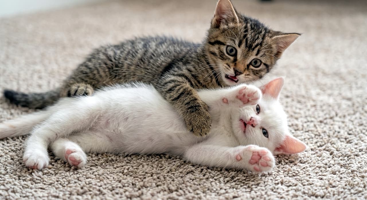 「白熱!カーペット上のミニプロレス開幕🐈💥無邪気な子猫たちのじゃれ合いに、癒やしの「いいね」を!💕 #猫 #子猫 #猫のいる暮らし #じゃれ合い #癒やし #猫好きさんと繋がりたい #子猫の日常 #子猫のいる暮らし」Ultra-realistic high-quality photograph of two kittens playfully wrestling on a beige carpet. One kitten, with distinct brown tabby markings (Domestic Shorthair mix), dominates from the top with its mouth slightly open in excitement, gripping the other. The second kitten, with pure white fur, lies on its back underneath, raising its paws with clearly visible pink paw pads to playfully resist. Natural daylight beautifully highlights the detailed texture of both the tabby fur and the soft white coat, capturing a moment of pure feline joy. ベージュのカーペットの上で、2匹の子猫が無邪気にじゃれ合っている超リアルな写真。上側は鮮明なブラウンタビー(キジトラ)模様の雑種の子猫で、口を少し開けて興奮した表情で下の白猫を掴んでいる。下側は真っ白な被毛の雑種の子猫で、仰向けに横たわり前足を上げて抵抗している。白猫のピンクの肉球と、キジトラの緻密な毛並みが自然光に照らされ、生命力あふれる質感が感じられる