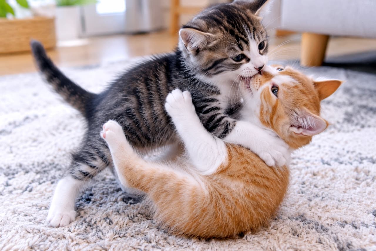 「ラグの上でダイナミックなじゃれ合いバトル!無邪気すぎる組み合いに癒やされまくりですッ🐾元気いっぱい! #猫のいる暮らし #子猫 #キジトラ #猫好きさんと繋がりたい #子猫の日常 #子猫のいる暮らし」Ultra-realistic high-quality photograph of two domestic shorthair kittens locked in a playful wrestling clinch on a beige carpet in a bright room. The brown tabby and white kitten on the left hugs the other's neck with white paws and gently mouths its cheek. The orange tabby and white kitten lies on its back, mouth open, pushing against the upper kitten's chest with its paws. The detailed soft fur textures, adorable paw pads, and soft natural sunlight with indoor background elements are sharply depicted. 明るい室内で、ベージュのラグの上に倒れ込み、組み合って遊ぶ2匹の短毛種子猫。左のキジトラ白(ブラウンタビー&ホワイト)の子猫は、白い前脚で相手の首をハグし、相手の頬にやさしく甘噛みしている。下の茶トラ白(レッドタビー&ホワイト)の子猫は仰向けになり、口を開けて前脚で上の猫の胸を押し返している。ふんわりとした毛並みの質感、愛らしい足裏、背景に差し込む柔らかい自然光と観葉植物のグリーンまで高精細に描写された写真