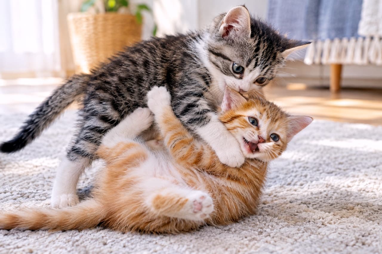 「耳元をガブッと甘噛み&ぎゅっとハグ!無邪気すぎる子猫たちのじゃれ合いにキュン死確定ですッ😻💖 #猫好きさんと繋がりたい #子猫の日常 #子猫のいる暮らし」Ultra-realistic high-quality photograph of two playful domestic shorthair kittens, a tabby with white markings and an orange tabby, lovingly wrestling on a plush cream-colored rug. The upper tabby kitten gently mouths its friend's ear, while the orange kitten lies on its back, happily hugging the other with its front paws and pushing against its belly with its hind paws. Soft natural light highlights their fluffy fur, expressive eyes, and a warm, inviting living room background. 柔らかな自然光が差し込む明るい室内で、白系のシャギーラグの上に倒れ込んでじゃれ合う2匹の日本猫ミックス(短毛種)の子猫。上になったキジトラ白の子猫はやさしく相手の耳元に甘噛みをし、下の茶トラ白の子猫は嬉しそうにお口を開けながら前脚で相手の首元をぎゅっと抱きしめ、後ろ脚を相手のお腹にあてて応戦している。つぶらでクリアな瞳、細部までふわふわとした被毛の質感、背景にあるカゴやインテリアの優しいボケ感まで鮮明に描写された最高画質の写真