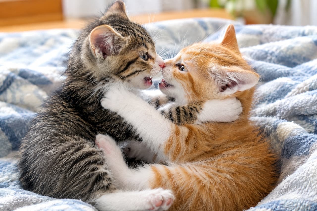 「鼻先が触れる超至近距離バトル!?夢中でじゃれ合う子猫ちゃんたちのアツアツな仲良しショット😻フワフワ重なってかわいさ限界突破ですッ💖 #猫好きさんと繋がりたい #子猫の日常 #子猫のいる暮らし」Ultra-realistic high-quality photograph featuring two adorable domestic shorthair kittens—a tabby with white paws and an orange tabby—wrestling face-to-face on a soft blue and white patterned blanket. They hold each other around the neck and shoulders with their front paws, their noses almost touching as they playfully mouth each other with intense yet happy expressions. Warm natural light highlights their fluffy fur, delicate whiskers, and clear eyes in a cozy indoor setting. 柔らかい青と白の模様のブランケットの上で、向き合って真剣かつ楽しそうに組み合う2匹の日本猫ミックス(短毛種)の子猫。左側のキジトラ白の子猫は白い前脚を相手の首元に回し、右側の鮮やかな茶トラ白の子猫も前脚で応戦しながら、お互いの鼻が触れ合うほどの至近距離でお口を少し開けて甘噛みを交わしている。ふんわりとした柔らかい被毛の質感、愛らしいピンクの鼻、つぶらな瞳、そして柔らかい自然光が包み込む部屋の温かな雰囲気が鮮明に描写された最高画質の写真