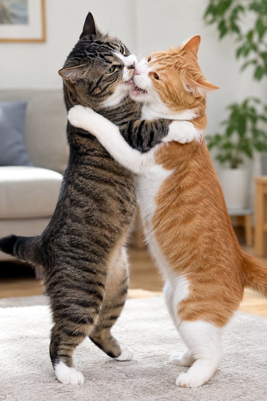 「立ち上がって全力ハグ&甘噛みタイム!仲良しきょうだいの熱いレスリング勝負にほっこり🐾💕 #猫レスリング #猫のいる暮らし #躍動感 #猫好きさんと繋がりたい」Ultra-realistic high-quality photograph of two adult domestic cats, a brown tabby & white and a red tabby & white, standing upright on their hind legs and playfully grappling on a rug in a bright living room. The brown tabby cat wraps its front paws around the red tabby's shoulders while gently mouthing its cheek, both showing excited and friendly expressions under soft natural light with a softly blurred background. 明るいリビングのベージュのラグ上で、後ろ足で直立して抱き合う2匹の大人のミックス猫。左側のキジトラ白(ブラウンタビー&ホワイト)が相手の肩を抱きかかえながら茶トラ白の頬の毛を優しく甘噛みし、右側の茶トラ白(レッドタビー&ホワイト)は口を開けて楽しそうに応じています。自然光が毛並みの立体感を際立たせ、背景にはぼかされたソファや観葉植物が映る、温かみと躍動感にあふれた高精細な写真