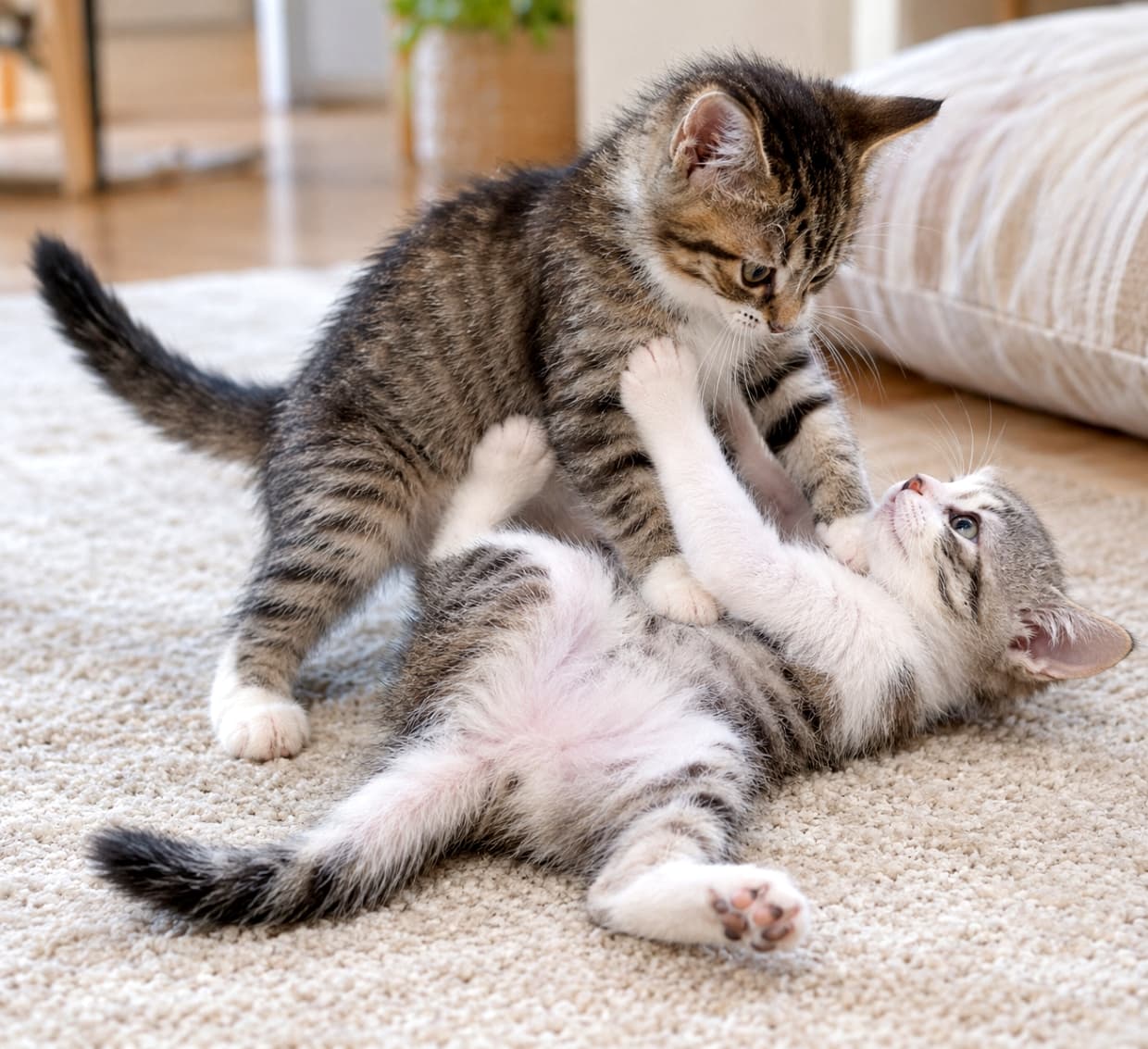 「ゴロンと仰向けで応戦中!🐾💥 カーペットの上で繰り広げられる無邪気な取っ組み合い✨ #猫 #子猫 #猫のいる暮らし #じゃれ合い #癒やし #猫好きさんと繋がりたい #子猫の日常 #子猫のいる暮らし」Ultra-realistic high-quality photograph of two tabby kittens playfully wrestling on a soft beige carpet in a bright indoor setting. The top brown tabby kitten straddles its playmate, holding its shoulders with front paws, while the lower silver tabby-and-white kitten lies on its back, exposing its soft belly and pushing back with its front paws. Perfectly separated 8 limbs, visible pink paw pads, natural feline anatomy, and realistic fur textures. 明るく清潔感のある室内で、ベージュのラグの上に並んだ2匹のキジトラ系子猫が楽しそうに取っ組み合いをしている高画質写真。上に覆いかぶさる濃いブラウンタビーの子猫が相手の肩に前足を置き、仰向けになったシルバータビー白の子猫がピンクのお腹を見せながら胸を前足で押し返している。8本の足と尻尾が明確に分離した自然な骨格構造、ピンクの肉球、毛並みのリアルな質感と温かみのある自然光が描写されている