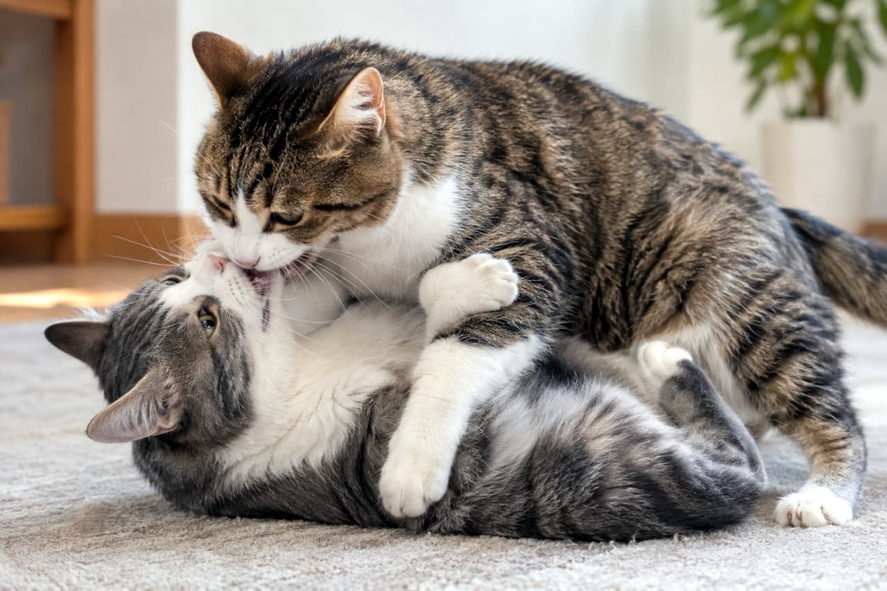 「激しい取っ組み合い!リビングの王者決定戦!キジトラ白vsグレー白の熱戦💕 #猫レスリング #猫のいる暮らし #躍動感 #猫好きさんと繋がりたい」Ultra-realistic high-quality photograph of two adult tabby-and-white cats in a playful ground-wrestling pose on a carpeted floor. The top cat gently mouths the throat of the bottom cat, who lies sideways gripping the upper cat's front legs with claws retracted. Both cats show anatomically correct bodies, visible limbs, and expressive faces under natural light in a living room setting. 明るい自然光が差し込む部屋で、キジトラ白とグレー白の2匹の成猫がカーペットの上で仲良く取っ組み合って遊んでいる。上のキジトラ白の猫が下の猫の首元に優しく甘噛みするように口を寄せ、下のグレー白の猫は横たわりながら前足で相手の体を抱え、後ろ足で軽く相手のお腹を押している。爪は安全に引っ込められており、お互いにリラックスした表情で、毛並みの質感や琥珀色の瞳の輝きまで精細に描写されている