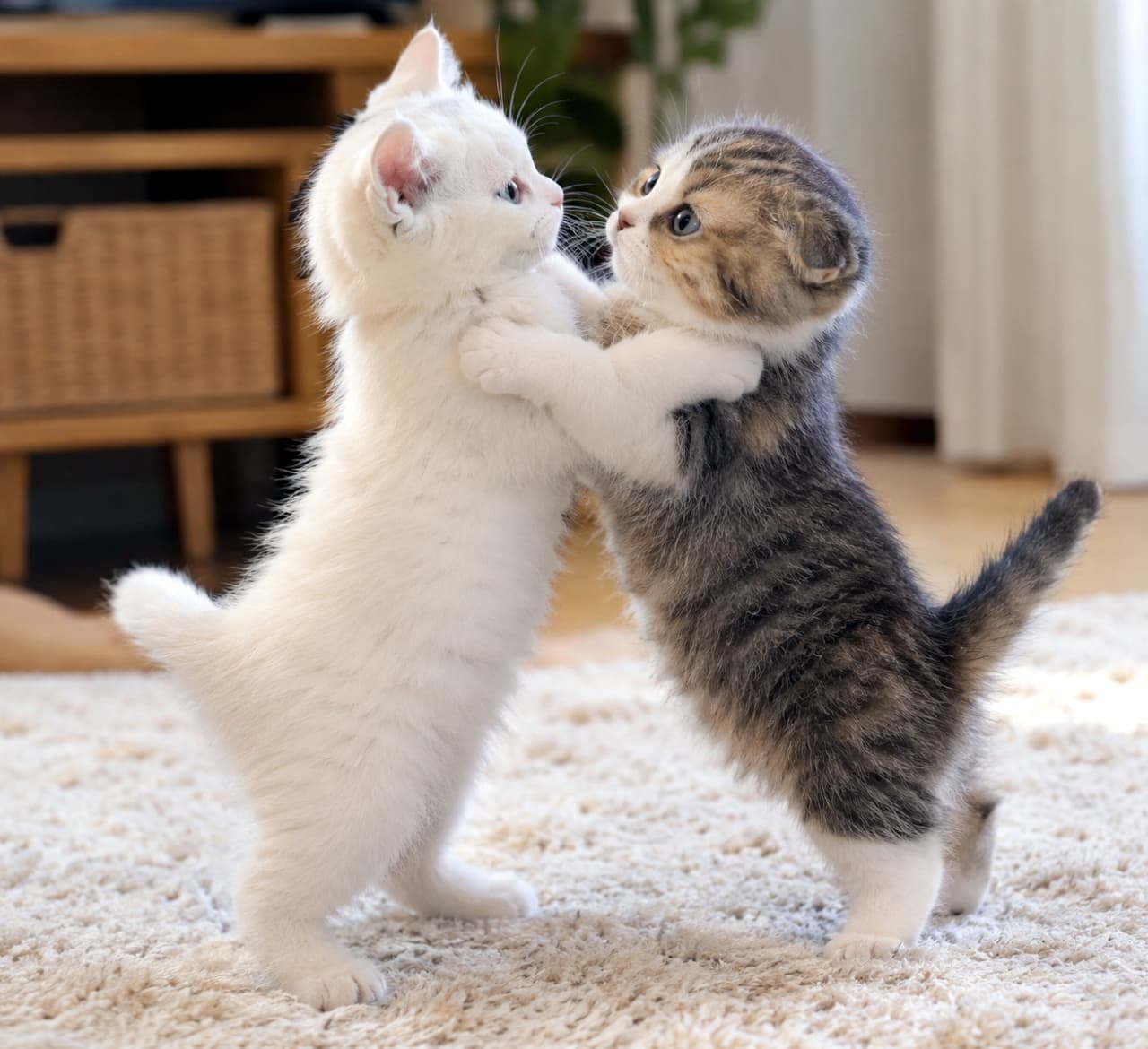「見つめ合ってはっけよいニャ!相撲ごっこ?それとも熱いハグ?あまりの可愛さに「いいね」連打確定🐾❤️」Ultra-realistic high-quality photograph of a fluffy white kitten and a brown tabby and white Munchkin kitten standing on their hind legs and playfully grappling on a cozy shag rug. Their front paws are wrapped around each other's shoulders with sweet eyes locked on each other under soft, bright natural window light with a warm wooden interior background. 明るいリビングのフワフワなシャギーラグの上で、全身が柔らかな白い被毛に包まれた子猫と、ブラウンタビー&ホワイトの短足と折れ耳が特徴的なマンチカン(スコティッシュフォールド風)の子猫が、後ろ脚でピンと立ち上がり相撲の組み合いのように向き合っている情景。互いの肩に優しく前脚を回し、爪を出さずに澄んだ瞳で見つめ合う愛くるしい立ち姿が印象的で、背景の木製ラックや柔らかな自然光が温もりを添える超リアルで高精細な描写