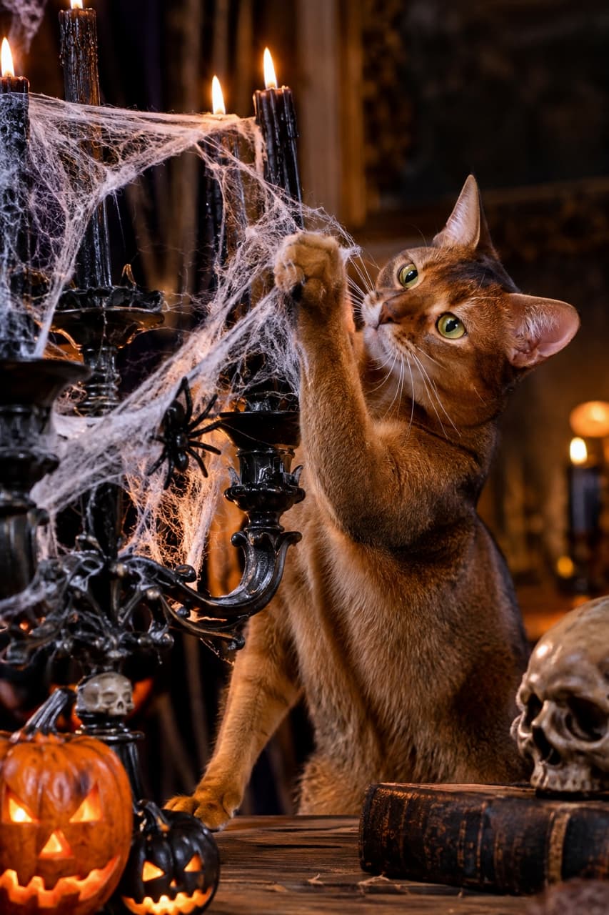 「おばけ屋敷のクモの巣はおもちゃにゃ！🕷️🐾 イタズラ大好きなアビシニアンちゃんのハロウィンナイト🕯️✨」Ultra-realistic high-quality photograph of an adult Abyssinian cat reaching out to play with fake cobwebs on a grand black candelabra. The cat's glowing ruddy coat and curious almond-shaped green eyes are beautifully detailed. In the foreground, a jack-o'-lantern, old books, and a skull are illuminated by warm candlelight, highlighting a mysterious Halloween night. 豪華な黒い燭台に張られたフェイクのクモの巣に前足をかけてじゃれつくアビシニアンの成猫の超高画質写真。ルディカラーの輝くような被毛と、好奇心に満ちたアーモンド型のグリーンの瞳が美しく描写されています。手前にはジャック・オー・ランタンや古い洋書、頭蓋骨が置かれ、蝋燭の暖かな光がハロウィンのミステリアスな夜を鮮やかに照らし出しています