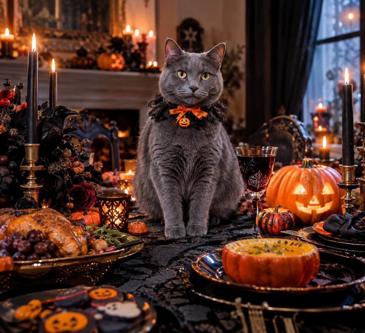 「今夜のハロウィンパーティー、主賓はもちろん私にゃ🍷🎃 ごちそうのど真ん中で誇らしげなシャルトリュー様✨」Ultra-realistic high-quality photograph of an adult Chartreux cat sitting proudly in the center of a dining table decorated with a Halloween feast and a black lace tablecloth. The cat's beautiful blue-gray coat, smiling expression, and vibrant orange eyes harmonize with the glowing candles and festive food. ハロウィンの豪華なごちそうと黒いレースのテーブルクロスで飾られたダイニングテーブルの中央に、誇らしげにお座りをするシャルトリューの成猫の超高画質写真。特有の美しいブルーグレーの被毛と微笑んでいるような口元、鮮やかなオレンジ色の瞳が、周囲のキャンドルやかぼちゃスープの彩りと調和しています