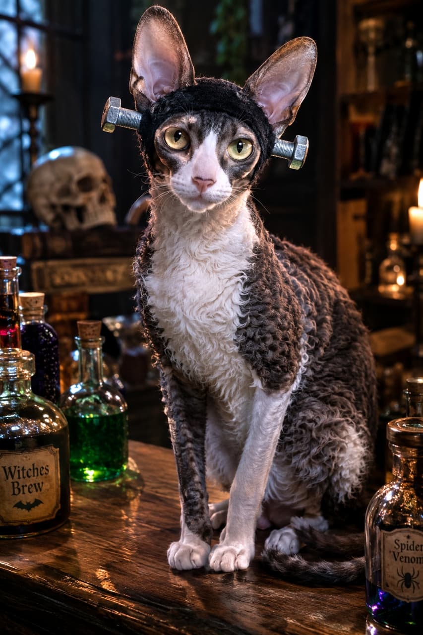 「天才科学者ニャンケンシュタインの誕生だ！🔩🧪 怪しい魔法薬を作って、今夜のパーティーに潜入するにゃ🎃✨」Ultra-realistic high-quality photograph of an adult Cornish Rex cat wearing a fake Frankenstein bolt headband, sitting on an old wooden table. The cat's large ears, unique finely waved curly coat, and slender body are detailed. Surrounded by spooky colored potion bottles and a skull, the space resembles a mad scientist's secret workshop. 頭の両側にボルトが刺さったフェイクのフランケンシュタインのヘッドバンドを装着し、古い木のテーブルに座るコーニッシュレックスの成猫の超高画質写真。大きな耳と、細かいウェーブがかかった独特の巻き毛、スレンダーな体つきが詳細に描写されています。周囲には不気味な色の液体が入った薬の小瓶やドクロが並び、マッドサイエンティストの秘密の工房を思わせる空間