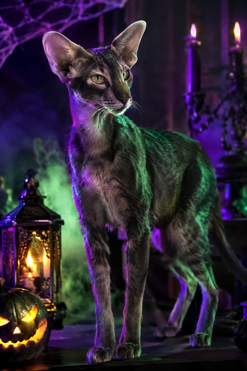 「紫と緑の怪しげな光に包まれて🔮✨ スマートなオリエンタルショートヘア様のミステリアスな夜🎃🐈‍⬛」Ultra-realistic high-quality photograph of a smart and mysterious adult Oriental Shorthair cat standing in spooky purple and green Halloween lighting. The cat's large ears, wedge-shaped head, and slender body are illuminated, enhanced by a glowing jack-o'-lantern in the background. 不気味な紫と緑のハロウィン照明に照らされて立つ、スマートなオリエンタルショートヘアの成猫の超高画質写真。大きな耳とクサビ型の顔、引き締まったしなやかなボディラインが怪しげな光の中にミステリアスに浮かび上がり、背後のジャック・オー・ランタンがダークな雰囲気を引き立てます
