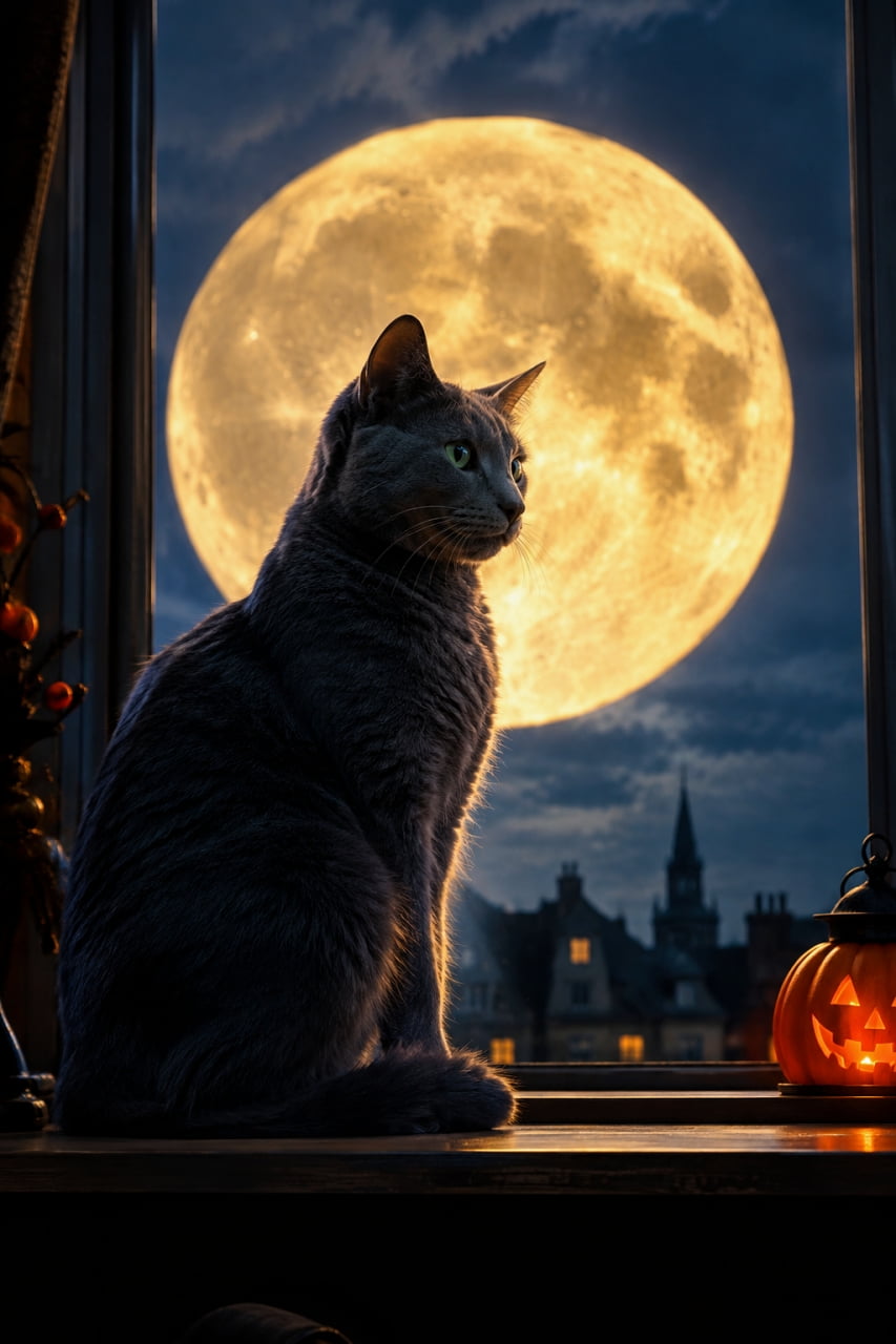 「満月の夜は特別な魔法がかかる時間🌕✨ 窓辺のロシアンブルー様が見つめる先には何があるのかな？🎃🐈」Ultra-realistic high-quality photograph of an adult Russian Blue cat sitting by a window against a backdrop of a massive, glowing full moon. Illuminated by the moonlight, the cat's beautiful blue coat and green eyes create a mystical, golden-edged silhouette. A jack-o'-lantern rests on the windowsill, with a European town silhouette in the distance, capturing a magical Halloween night. 夜空に浮かぶ巨大で輝く満月を背景に、窓辺でお座りをするロシアンブルーの成猫の超高画質写真。月光に照らされて輪郭が黄金色に輝き、美しいブルーの被毛とグリーンの瞳が神秘的なシルエットとなって浮かび上がっています。窓枠にはジャック・オー・ランタンが置かれ、遠くにはヨーロッパ風の街並みのシルエットが見える、幻想的なハロウィンの夜景