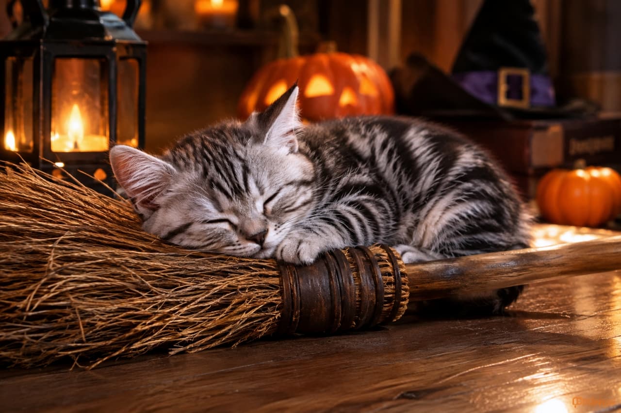「魔女のほうきは最高のベッドにゃ🧹💤 アメショーの子猫ちゃん、空を飛ぶ夢を見ているのかも？🎃✨」Ultra-realistic high-quality photograph of an American Shorthair kitten sleeping soundly on a straw witch's broom placed on an antique wooden floor. Its beautiful silver tabby coat and innocent, peacefully closed eyes are depicted in detail. The background features warm lantern and jack-o'-lantern lights, expressing a calm Halloween night. アンティークな木の床に置かれた藁の魔女のほうきの上で、ぐっすりと眠っているアメリカンショートヘアの子猫の超高画質写真。美しいシルバータビーの縞模様と、幸せそうに目を閉じた無防備な寝顔が詳細に描写されています。背景にはジャック・オー・ランタンやキャンドルの光が暖かく灯り、ハロウィンの夜の穏やかな静寂を表現