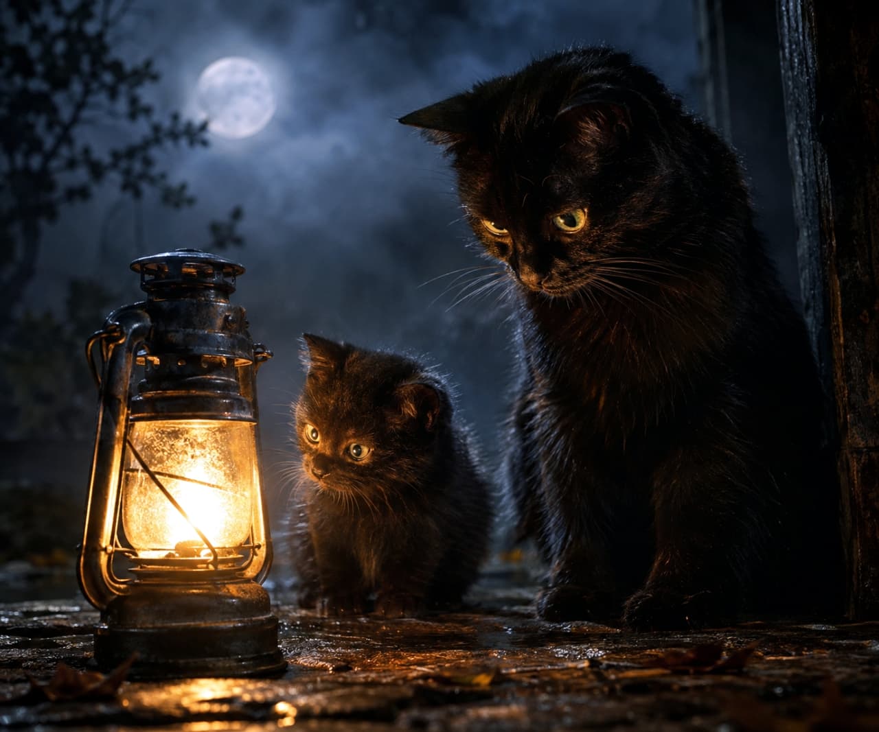 「ランタンの不思議な光に夢中な黒猫親子🕯️✨ 満月の夜のお散歩は、秘密の魔法がいっぱいだね🌕🐈‍⬛」Ultra-realistic high-quality photograph of a black adult cat and its tiny kitten intently staring at a glowing vintage lantern on old cobblestones on a dark, foggy night. The contrast between the adult cat's sharp yellowish-green eyes and the kitten's curious round eyes is striking. A full moon glows dimly through the clouds in the background, beautifully depicting the silence of a mysterious Halloween night. 霧のかかった暗い夜、古い石畳の上で光るヴィンテージランタンの炎をじっと見つめる、黒猫の成猫とその小さな子猫の超高画質写真。親猫の鋭く神秘的な黄緑色の瞳と、子猫の好奇心に満ちた丸い瞳のコントラストが印象的です。背景には雲間に浮かぶ満月がぼんやりと輝き、ダークでミステリアスなハロウィンの夜の静寂を美しく描き出しています
