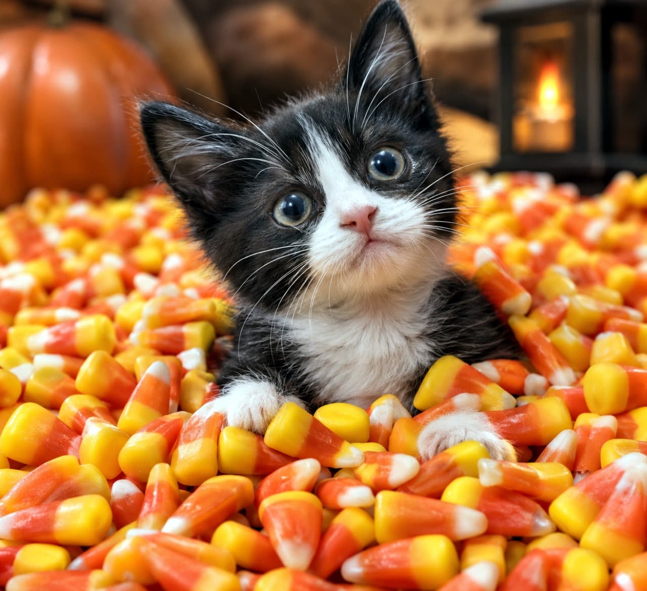「お菓子に埋もれて身動きとれないにゃ🍭💦 ハロウィンの甘い罠にハマっちゃったタキシードちゃん🎃🐾」Ultra-realistic high-quality photograph of a black and white tuxedo kitten buried up to its chest in a mountain of colorful candy corn. The kitten has a slightly confused yet curious expression with big round eyes, and its little white paws are resting on the candies. The background features a blurred orange pumpkin and warm lantern light. 山盛りのカラフルなキャンディコーンに胸までスッポリと埋もれている、ハチワレ模様が特徴的な白黒タキシードの子猫の超高画質写真。まん丸の大きな瞳で少し混乱したような、でも好奇心いっぱいの表情を浮かべており、キャンディの上に乗せた白い前足が愛らしいです。背景にはオレンジ色の大きなかぼちゃとランタンの柔らかな灯りがボケて写り込んでいます