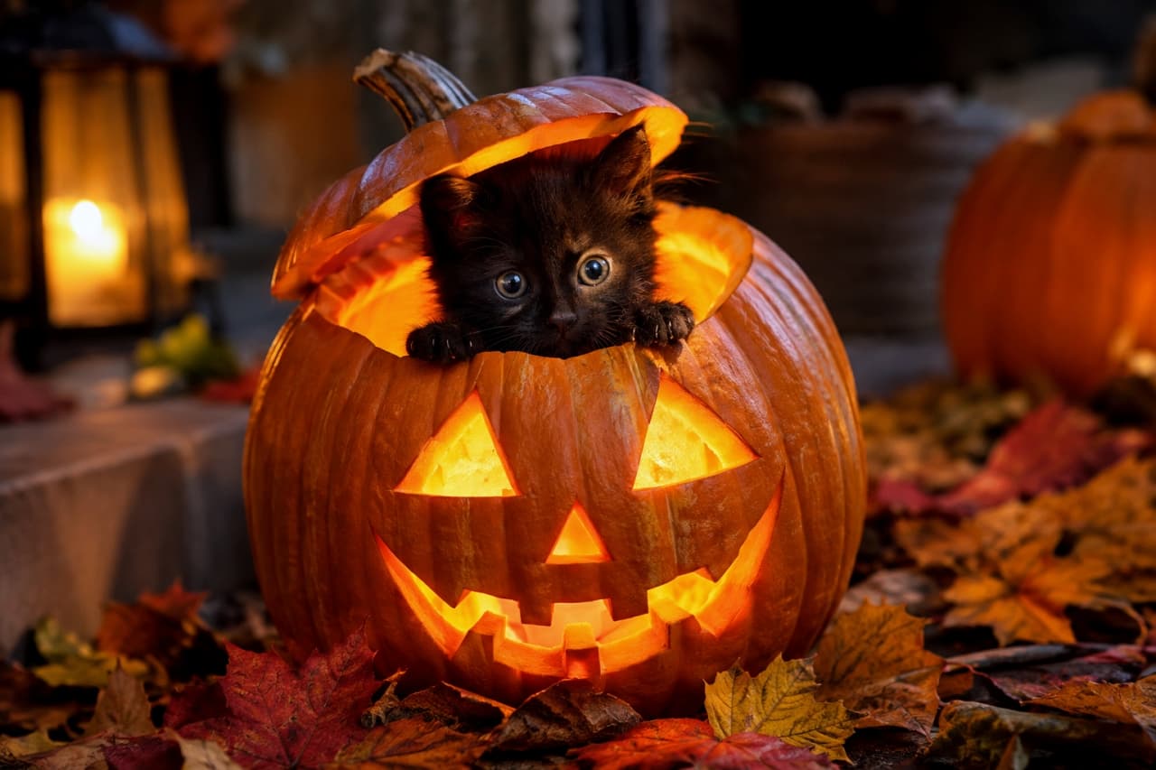 「かぼちゃの中に潜んでいたのは、オバケじゃなくて可愛い黒猫ちゃん！ハッピーなイタズラ大成功👻🐾✨」Ultra-realistic high-quality photograph of a black kitten peeking its head and paws out of a carved jack-o'-lantern. The warm candlelight from inside illuminates the black cat's smooth fur and round amber eyes. Surrounded by red and orange autumn leaves, the background features glowing lanterns in the dark. くり抜かれたジャック・オー・ランタンの中から、顔と前足をちょこんと出している黒猫の子猫の超高画質写真。かぼちゃの内部から漏れる暖かいキャンドルの光が黒猫の滑らかな被毛と丸い琥珀色の瞳を神秘的に照らしています。周囲には赤やオレンジの紅葉が敷き詰められ、秋の深まりを感じさせるランタンの炎が背景を彩ります