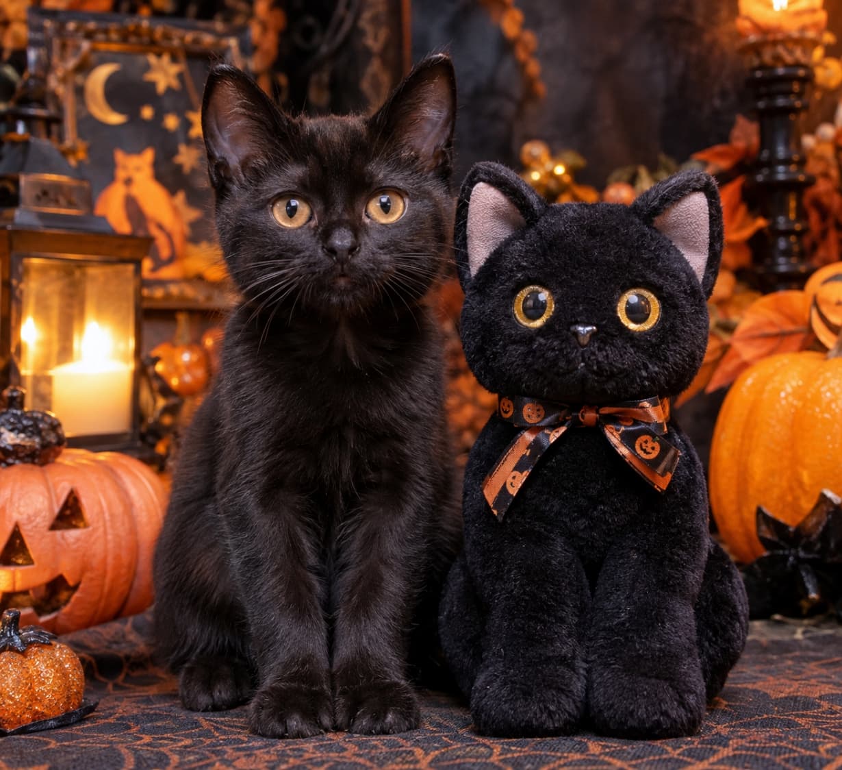 「どっちが本物の黒猫ちゃんかわかるかにゃ？🐈‍⬛✨ ぬいぐるみと完璧なシンクロを披露するボンベイちゃん🎃🐾」Ultra-realistic high-quality photograph of a Bombay kitten sitting next to a black cat plush toy wearing a Halloween ribbon, striking the exact same pose in a decorated space. Its glossy black coat and round copper-gold eyes perfectly synchronize with the toy. Surrounded by pumpkins and lanterns, the scene captures a fun Halloween party atmosphere. ハロウィンの装飾が施された空間で、ハロウィン柄のリボンをつけた黒猫のぬいぐるみの隣にお座りをして、全く同じポーズをとっているボンベイの子猫の超高画質写真。漆黒で艶やかな被毛と、真ん丸なカッパーゴールドの瞳がぬいぐるみと見事にシンクロしています。周囲のかぼちゃやランタンが、楽しいハロウィンパーティーの雰囲気を盛り上げています