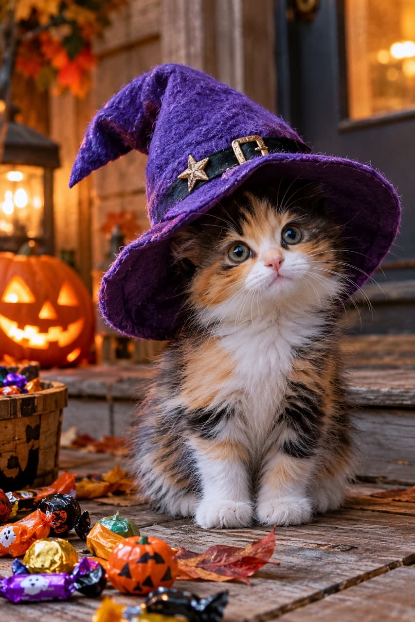 「ハッピーハロウィン🎃✨ 大きな魔女帽子をかぶった三毛猫ちゃんから、イタズラのお誘いかも？🍬🐾」Ultra-realistic high-quality photograph of a fluffy calico kitten wearing a large purple witch hat, sitting on a wooden porch looking up. The background features a glowing jack-o'-lantern, autumn leaves, and scattered colorful candies, creating a magical Halloween twilight atmosphere. The kitten has clear olive-green eyes. ふわふわの被毛を持つ三毛猫の子猫が、大きな紫色の魔女の帽子を被り、木製の縁側でお座りをして見上げている超高画質写真。背景には暖かいオレンジ色の光を放つジャック・オー・ランタンと秋の落ち葉、散らばるカラフルなキャンディが配置され、幻想的なハロウィンの夕暮れ時を演出しています。丸い瞳は澄んだオリーブグリーン