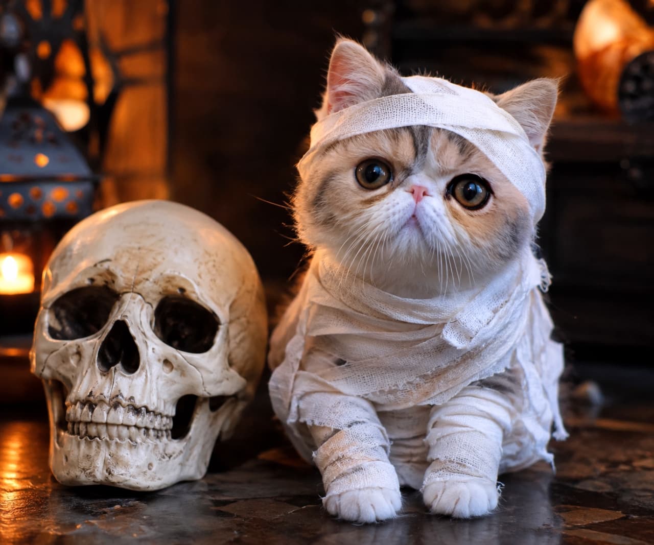 「立派なミイラ男に変身したにゃ🩹👻 ドクロのお友達と並んで、トリック・オア・トリートの準備は万端🎃🐾」Ultra-realistic high-quality photograph of an Exotic Shorthair kitten dressed as a mummy, wrapped in white bandages. Sitting next to a large skull, the kitten's unique expression with its flat face, round head, and large amber eyes is highly detailed. The dimly lit stone floor and glowing lanterns in the background create a slightly spooky yet humorous Halloween scene. 白い包帯を全身に巻かれ、ミイラの仮装をしたエキゾチックショートヘアの子猫の超高画質写真。大きなドクロのオブジェと並んでお座りをしており、短い鼻と丸い顔、大きな琥珀色の瞳で見つめるユニークな表情が詳細に捉えられています。薄暗い石の床と、背景で鈍く光るランタンが、少し不気味でユーモラスなハロウィンの情景を作り出しています