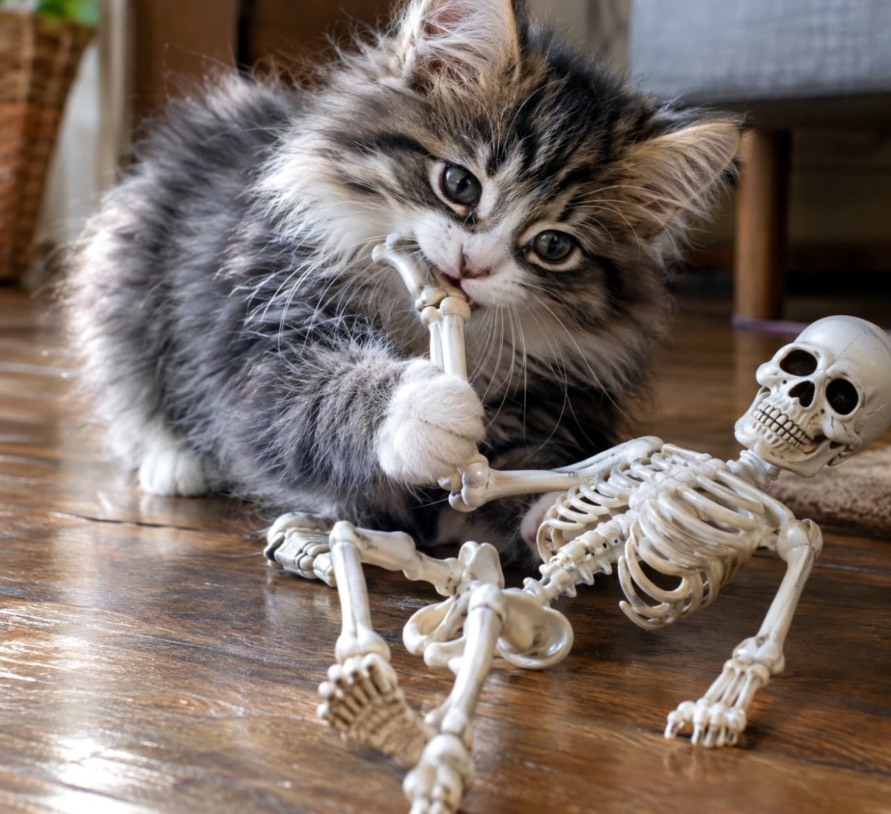 「ガイコツさんをつかまえたにゃ！💀🐾 やんちゃなノルウェージャン子猫の、本気のおもちゃ遊び🎃🍂」Ultra-realistic high-quality photograph of a fluffy Norwegian Forest Cat kitten playfully biting and holding the arm of a plastic skeleton toy on a wooden floor. The kitten's thick tabby and white coat and serious round eyes capture a playful Halloween moment in a cozy everyday setting. 温かみのある木の床の上で、プラスチック製の骸骨のおもちゃの腕を両手で抱え込み、じゃれながら噛み付いているノルウェージャンフォレストキャットの子猫の超高画質写真。ふさふさのタビー＆ホワイトの被毛と、真剣な丸い瞳が愛らしく、日常の中の遊び心あるハロウィンを表現