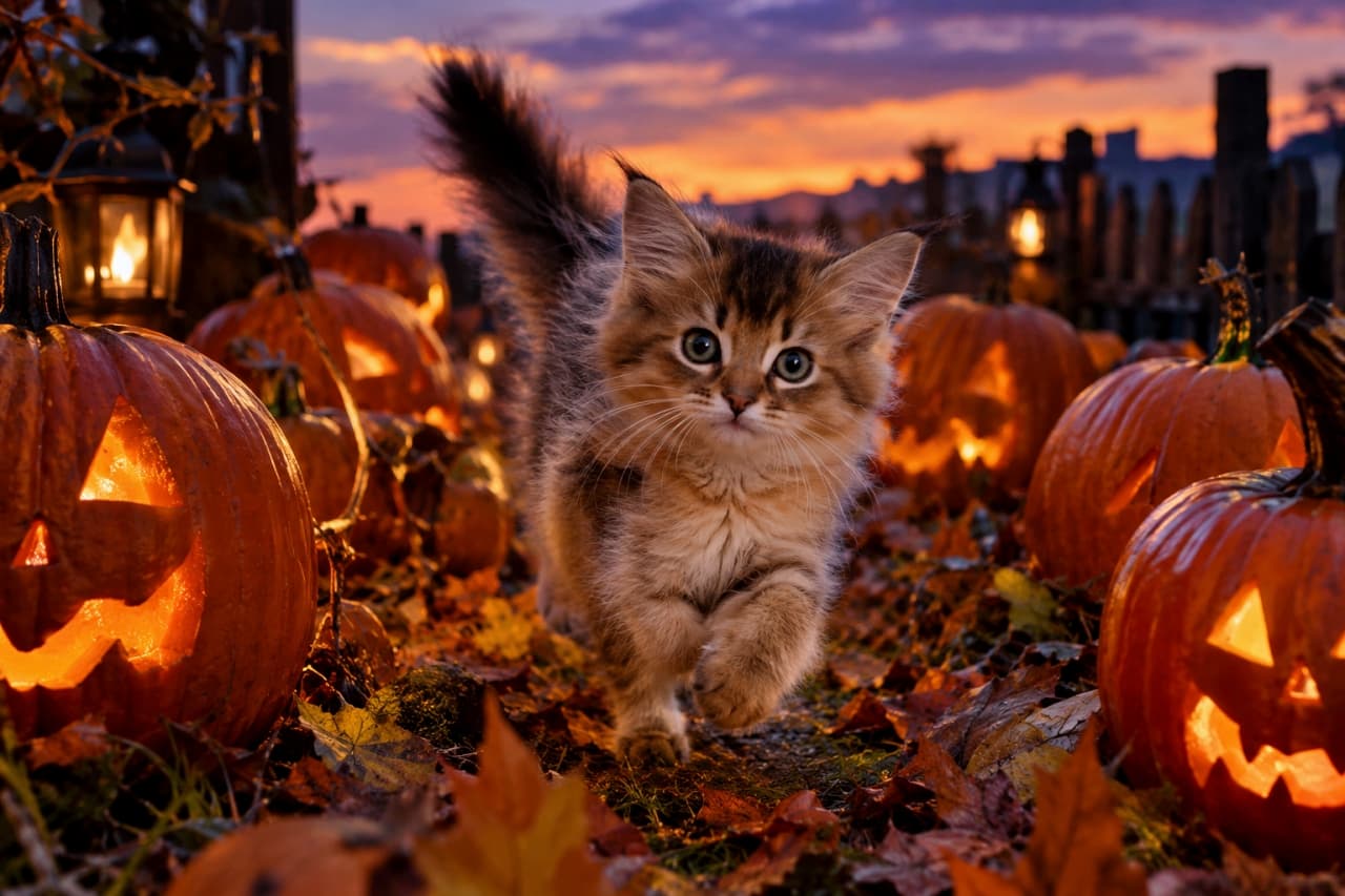 「かぼちゃ畑を探検だにゃ！🎃🐾 夕暮れのハロウィンを満喫する元気いっぱいなソマリちゃん🌅✨」Ultra-realistic high-quality photograph of a fluffy Somali kitten playfully running through a patch of glowing carved jack-o'-lanterns against a beautiful dusk sky. Its rich ruddy long hair flutters in the wind, with large ears and curious almond-shaped eyes captured vividly. Autumn leaves on the ground highlight the Halloween energy. 美しい夕焼け空を背景に、不気味な顔が彫られ内側から光るジャック・オー・ランタンが並ぶ畑を、じゃれながら走ってくるソマリの子猫の超高画質写真。豊かなルディカラーの長毛が風になびき、大きな耳と好奇心旺盛なアーモンド型の瞳が生き生きと描写されています。足元の紅葉した落ち葉が、秋の深まりとハロウィンの躍動感を感じさせます