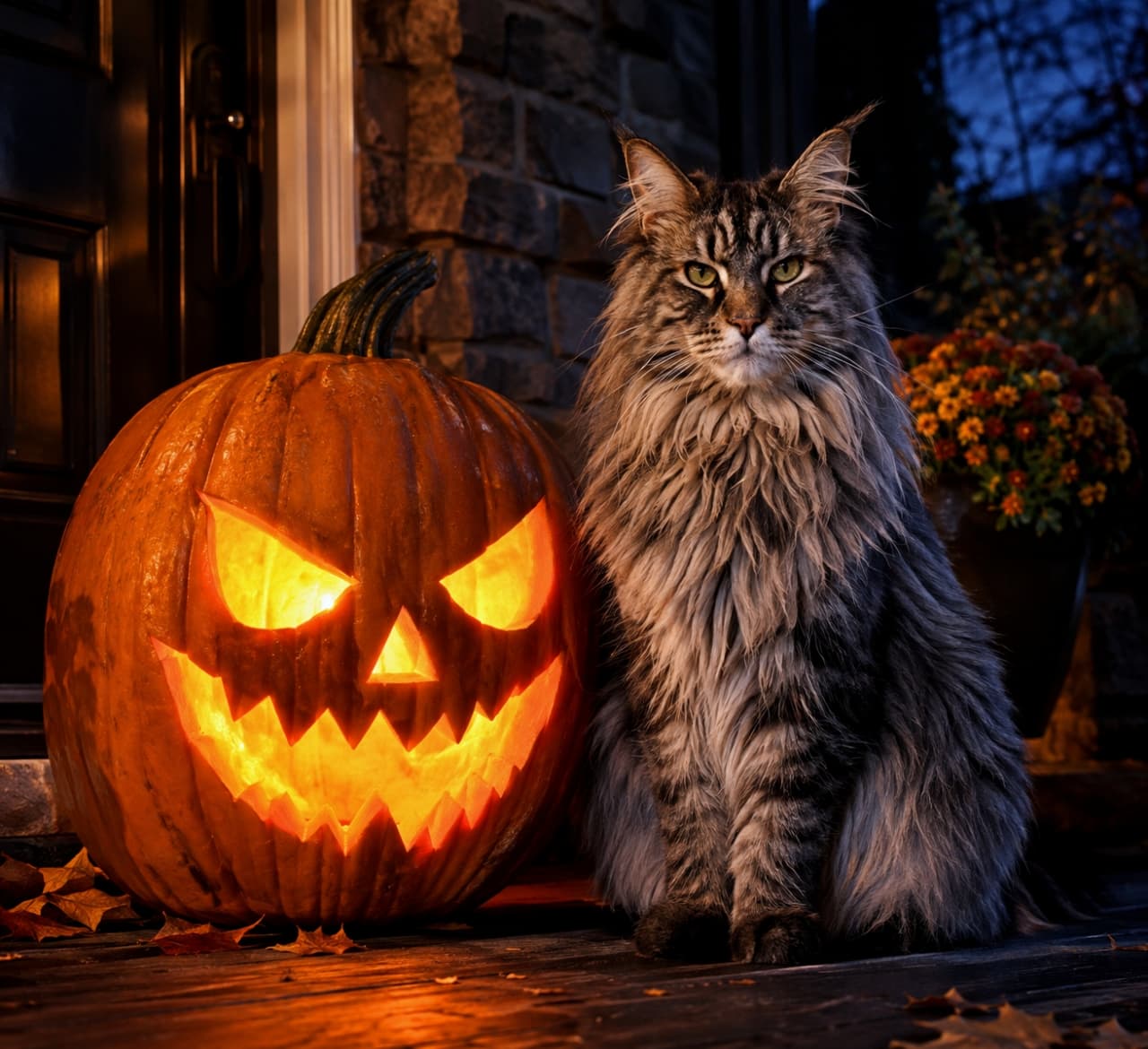 「今夜の主役は譲らないにゃ🔥 ジャック・オー・ランタンにも負けない、メインクーン様の圧倒的オーラ🎃🐈」Ultra-realistic high-quality photograph of a majestic adult Maine Coon cat sitting next to a huge glowing jack-o'-lantern on a dimly lit wooden porch at night. The cat's magnificent brown tabby long fur, lynx tips on the ears, and fierce olive-green eyes exude a regal presence. The strong contrast between the dark background and the glowing orange light from the pumpkin highlights a dramatic Halloween night. 夜の薄暗い木製ポーチで、不気味に光る巨大なジャック・オー・ランタンの隣に堂々と鎮座する大きなメインクーンの超高画質写真。豊かなブラウンタビーの長毛、耳の先のリンクスティップ、威厳に満ちた鋭いオリーブグリーンの瞳が、王者の風格を漂わせています。背景の暗闇と、かぼちゃから漏れるオレンジ色の強い光のコントラストが、ドラマチックなハロウィンの夜を際立たせています