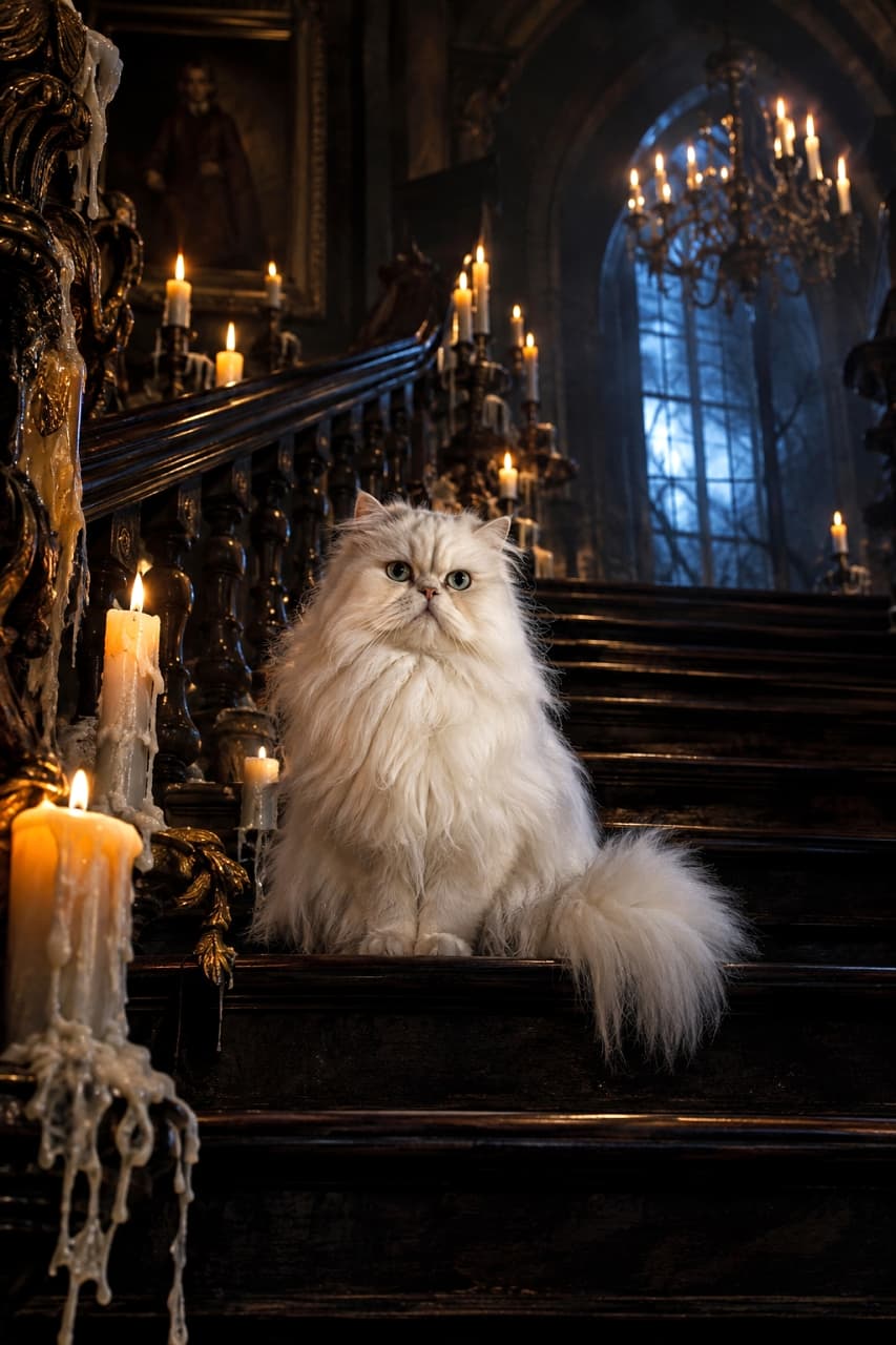 「幽霊屋敷の主人は、気品あふれるペルシャ猫様でした🏰🕯️ 蝋燭の光に照らされる姿が美しすぎる👻✨」Ultra-realistic high-quality photograph of a majestic white Persian cat sitting on a dark, grand haunted staircase lined with dripping wax candles. The cat's luxurious long white fur and elegant blue eyes are dramatically illuminated by candlelight and moonlight from a window. ロウが垂れる不気味なキャンドルが並ぶ幽霊屋敷の壮大な木製階段に、優雅に座る純白のペルシャ猫の超高画質写真。豊かな長毛と気品あふれる青い瞳が、暗い背景と窓から差し込む青白い月光、蝋燭の暖かな光によってドラマチックに照らし出されています