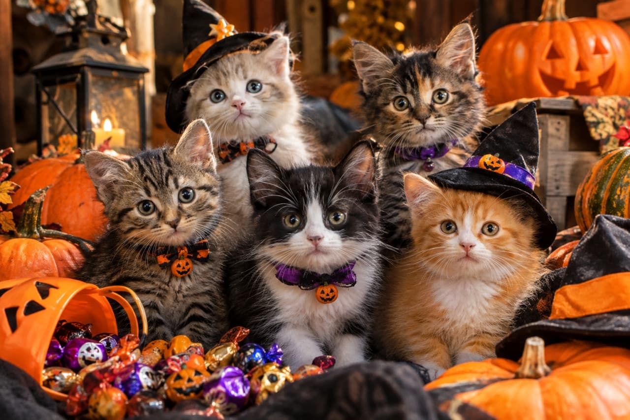 「トリック・オア・トリート！🍭 みんなでおめかしして、ハロウィンパーティーの準備はバッチリだにゃ🎃🐾」Ultra-realistic high-quality photograph of a group of five mixed-breed kittens sitting closely together among jack-o'-lanterns, colorful candies, and autumn decorations. The kittens, featuring tabby, tuxedo, ginger, calico, and silver tabby patterns, are dressed up in tiny witch hats and Halloween bow ties, looking directly at the camera. Warm candlelight illuminates a lively and fun Halloween party scene. ジャック・オー・ランタンや山盛りのカラフルなキャンディ、秋の装飾に囲まれて身を寄せ合う、5匹の個性豊かなミックスの子猫たちの超高画質写真。キジトラ、ハチワレ、茶トラ、三毛、サバトラ模様の子猫たちが、小さな魔女の帽子やハロウィン柄の蝶ネクタイでおめかしをして、カメラを真っ直ぐに見つめています。暖かなキャンドルの光が、賑やかで楽しいハロウィンパーティーの情景を鮮やかに照らしています