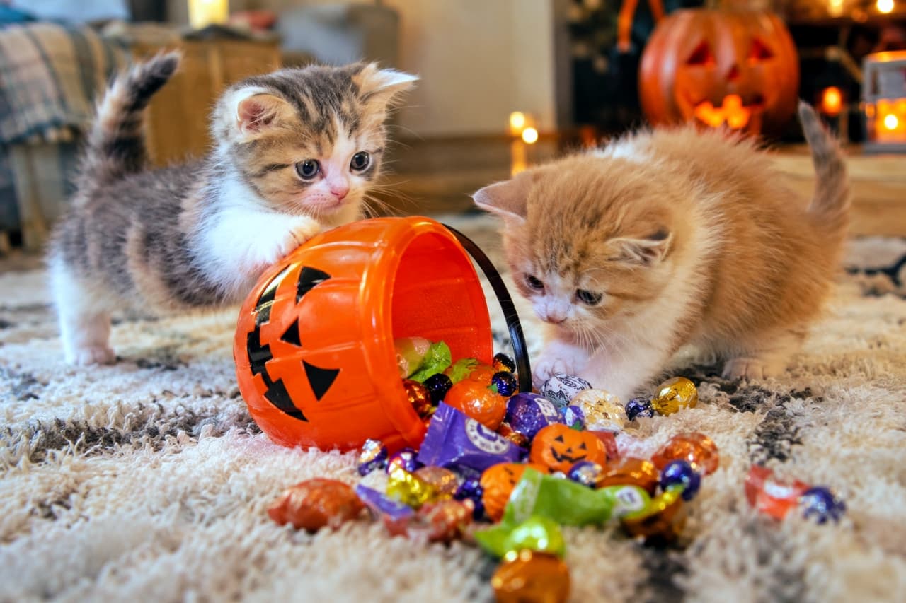 「トリック・オア・トリート！🍭 お菓子を独占中のマンチカンちゃんたち、イタズラ盛りで大はしゃぎ🎃🐾」Ultra-realistic high-quality photograph of two Munchkin kittens playing with colorful candies spilled from a jack-o'-lantern bucket on a fluffy rug. A silver tabby-and-white and an orange-and-white kitten reach for the sweets with their distinctively short limbs. The warmly lit background features out-of-focus fireplaces and Halloween decorations, depicting a lively home party. フワフワのラグの上で、ジャック・オー・ランタン型のお菓子バケツをひっくり返して遊ぶ2匹のマンチカンの子猫の超高画質写真。左のサバ白と右の茶白の子猫が、短い手足で色鮮やかなキャンディに興味津々に触れています。背景には暖炉の暖かな光やハロウィンの装飾がボケて写り込み、賑やかなホームパーティの情景を描いています