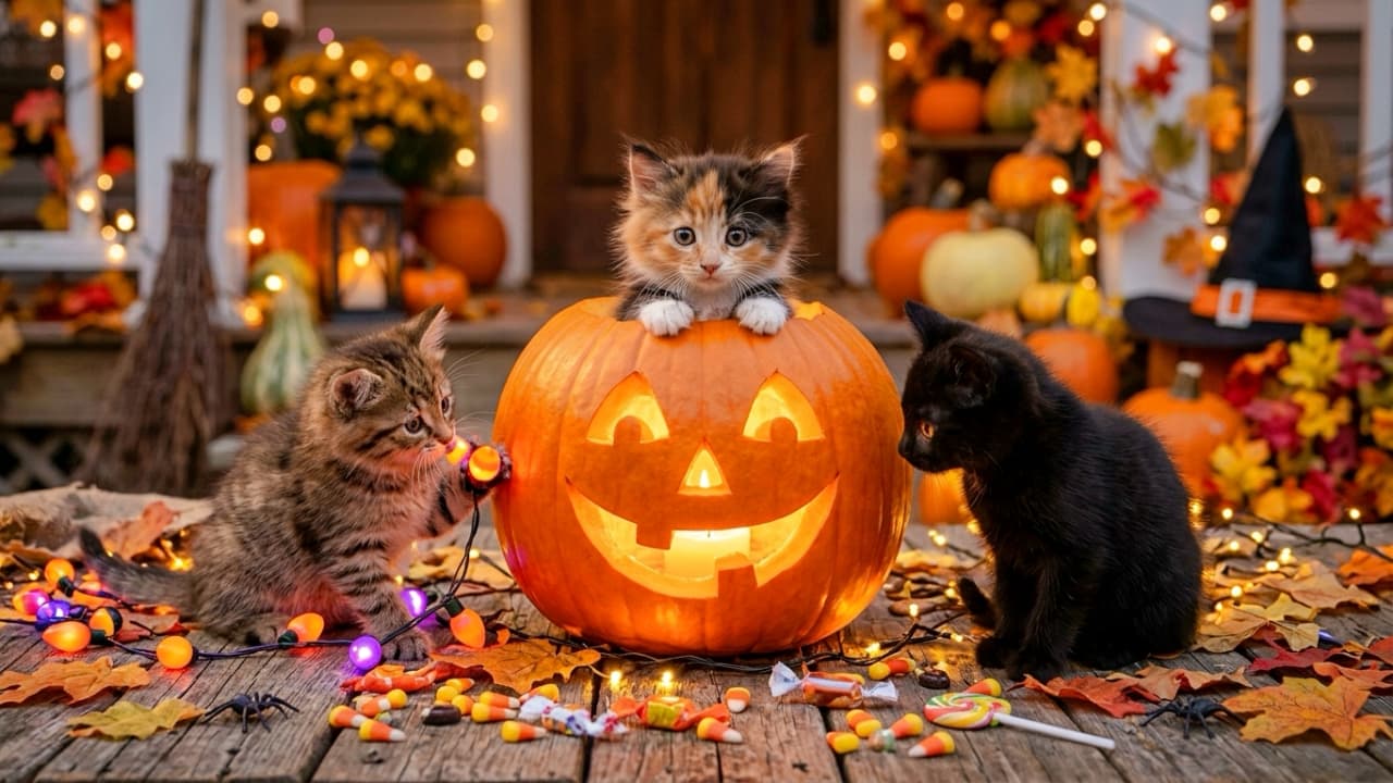 「カボチャの中から「トリート！」🎃🐾光るライトやキャンディに囲まれてハロウィン準備に夢中な3匹です✨」Ultra-realistic high-quality photograph of three fluffy kittens playing around a warm-glowing carved jack-o\'-lantern decorated for Halloween. A calico kitten peeks out from inside the pumpkin, a brown tabby kitten reaches for colorful string lights on the left, and a black kitten sits curiously on the right. Surrounded by scattered autumn leaves, candies, and cozy glowing lights in a magical setting. 暖色のイルミネーションと落ち葉で彩られたハロウィンのポーチで、温かく輝く大きなジャック・オー・ランタン（カボチャのランタン）と遊ぶ3匹の幼い子猫たち。中央のカボチャの中からひょっこり顔を出すふわふわの三毛猫（キャリコ）、左側で光るライトに前足を伸ばすキジトラ、右側でじっと佇む黒猫が配置されています。散りばめられたキャンディや魔女の帽子、温かみのあるボケ感が秋の幻想的な雰囲気を演出する高画質ショット