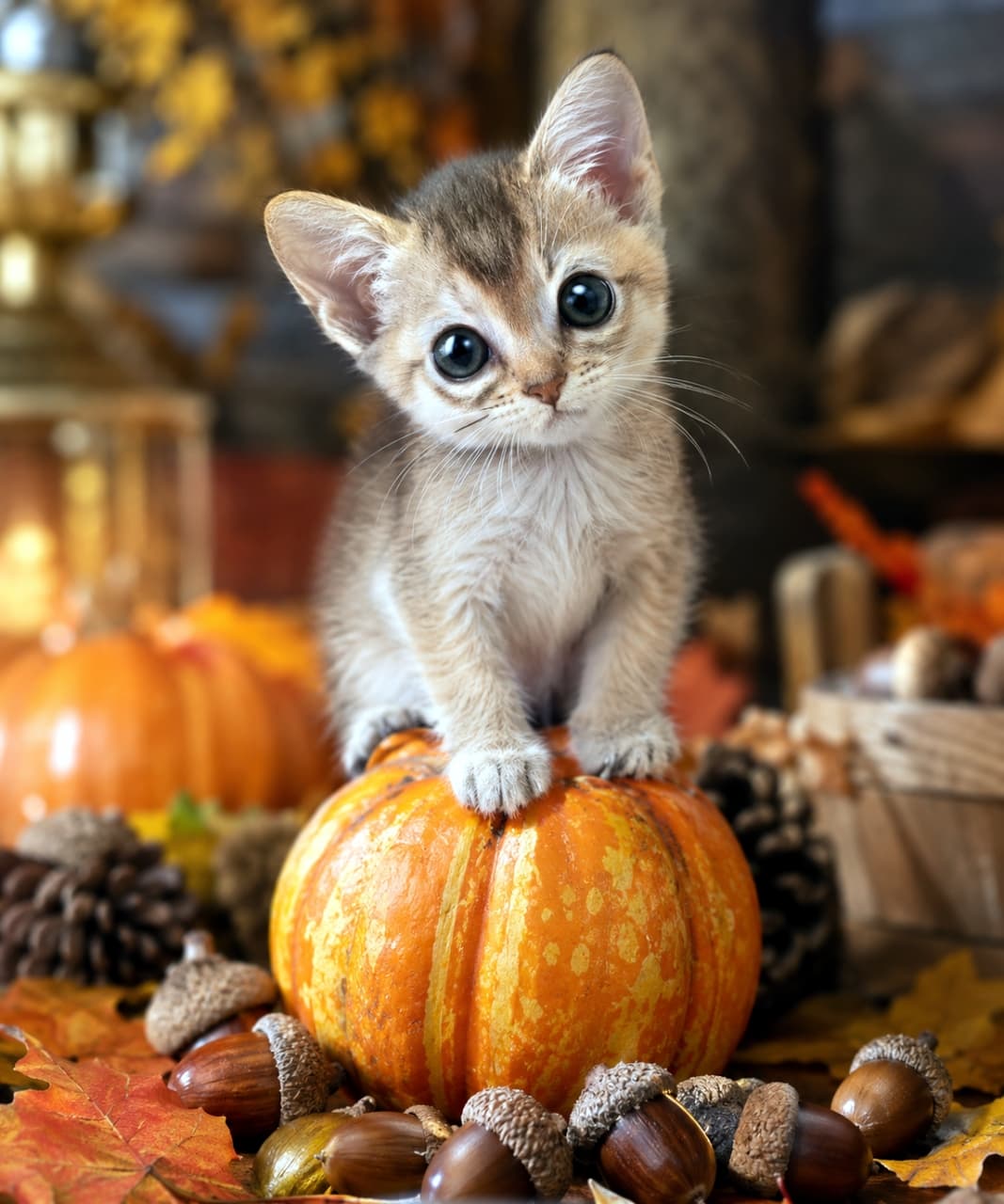 「かぼちゃの上が特等席にゃ🎃✨ どんぐりに囲まれた小さなシンガプーラちゃん、秋のお散歩を満喫中🍁🐾」Ultra-realistic high-quality photograph of a tiny Singapura kitten sitting on a miniature decorative pumpkin surrounded by autumn acorns and leaves. The kitten's large almond-shaped eyes and sepia-colored short coat are highly detailed, with warm lantern light in the background. 秋のどんぐりと紅葉に囲まれたミニチュアの装飾用かぼちゃの上にちょこんと座る、シンガプーラの子猫の超高画質写真。大きなアーモンド型の瞳とセピアカラーの短い被毛が鮮明に描写され、背景の暖かなランタンの光が秋の深まりを感じさせます