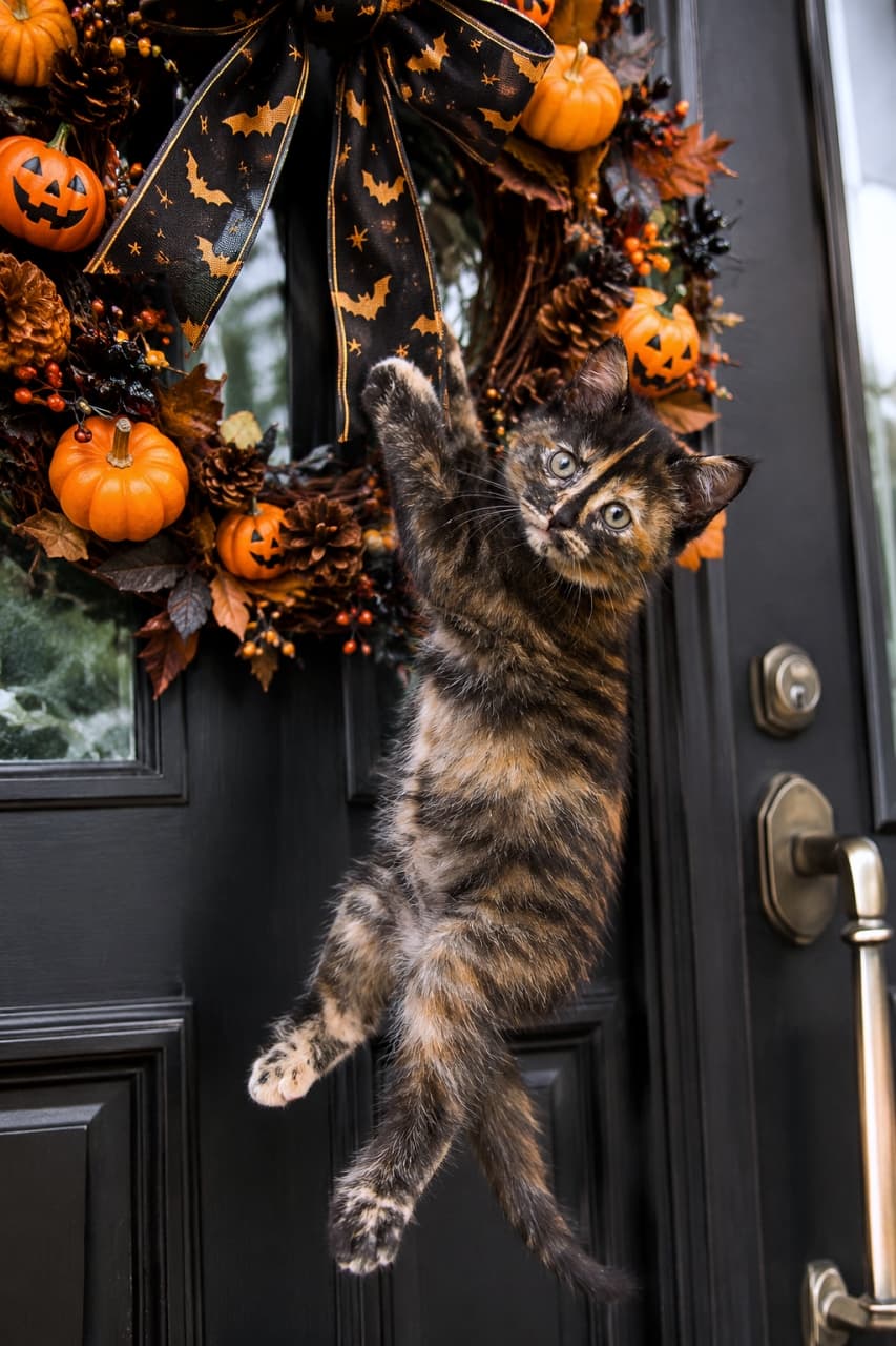 「リースは絶好のアスレチックにゃ！🐾 イタズラ大成功でドヤ顔のサビ猫ちゃん、元気いっぱい🎃🍂」Ultra-realistic high-quality photograph of a tortoiseshell kitten happily hanging and playing from a Halloween wreath decorated with mini pumpkins, autumn leaves, and a black ribbon with orange bats on a front door. The kitten's unique black, brown, and orange mixed coat and its mischievous round eyes looking at the camera are clearly visible. The chic black door in the background highlights the autumn colors of the wreath and the kitten. ミニカボチャや秋の葉、黒地にオレンジのコウモリ柄リボンで豪華に飾られた玄関のハロウィンリースから、楽しそうにぶら下がって遊ぶサビ猫（トーティシェル）の子猫の超高画質写真。黒、茶、オレンジが混ざった独特の被毛と、カメラ目線でイタズラっぽく輝く丸い瞳が鮮明です。背景のシックな黒いドアが、リースの秋色と子猫の存在感を際立たせています