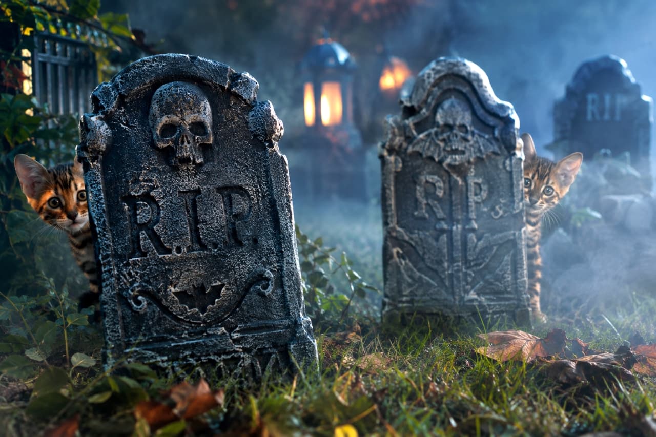 「お墓の裏からヒョッコリおばけ👻🐾 イタズラ計画中のベンガルちゃんたち、見ーつけたっ！🎃🍂」Ultra-realistic high-quality photograph of two Bengal kittens peeking from behind styrofoam Halloween tombstones adorned with skulls and bats in a foggy graveyard. Their beautiful spotted tabby coats, large ears, and curious round eyes are captured in realistic detail. The background features a mix of pale blue fog and warm lantern light, expressing a thrilling and fun Halloween night. 霧が深く立ち込める不気味な墓地の庭で、ドクロやコウモリが彫られた発泡スチロール製のハロウィン墓石の後ろから顔を覗かせる2匹のベンガルの子猫の超高画質写真。美しいヒョウ柄（スポッテッドタビー）の被毛と大きな耳、好奇心旺盛な丸い瞳がリアルに描写されています。背景には青白い霧とランタンの光が交差しており、スリリングで楽しいハロウィンの夜を表現