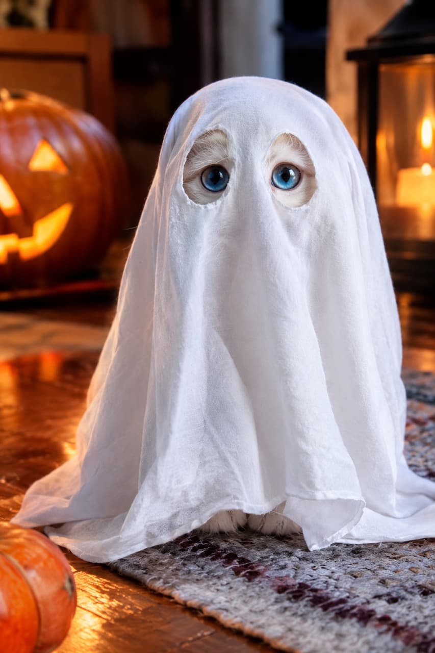 「トリック・オア・トリート！👻 白いシーツのおばけさんの正体は…魅惑の青い瞳を持つ白猫ちゃんでした💎🐾」Photorealistic, highly detailed, 8k resolution photograph of a white kitten wearing a classic ghost costume made of a white sheet. Bright sapphire blue eyes are peeking through the cut-out eye holes, and tiny fluffy white paws are visible at the bottom. The cinematic lighting from a jack-o'-lantern and candles in the background creates a warm, cozy atmosphere on a textured rug. ハロウィンのおばけに見立てた白いシーツをすっぽりと被った白猫の子猫の超高画質写真。シーツに開けられた目の穴から、宝石のように輝くサファイアブルーの瞳が真っ直ぐにこちらを見つめており、裾からは白いフワフワの前足が少しだけ覗いています。背景にはジャック・オー・ランタンやキャンドルの光が暖かく灯り、毛糸のラグの質感がシネマティックな空間を作り出しています