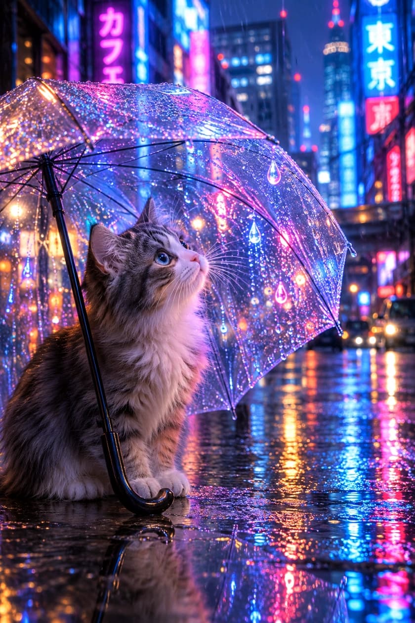 「雨の日のネオン街も、傘の中から見ればキラキラの宝石箱みたいだにゃ☔✨雨宿りも悪くないね🐾 #猫 #雨の日 #サイバーパンク #ネオン #エモい」Ultra-realistic emotional photograph of a beautiful long-haired brown tabby and white cat sitting safely under a clear dome umbrella on a wet city street. The cat is looking closely at glowing neon raindrops on the transparent plastic. The background is a cyberpunk city with bright neon lights reflecting in the wet puddles, creating a moody and cinematic aesthetic. 雨の降るサイバーパンク風のネオン街で、透明なビニール傘の下にちょこんと座り、濡れるのを凌いでいる長毛のキジトラ白猫。傘の表面についた雨滴が、街のピンクやブルーのネオン光を反射して魔法のように輝き、猫はその光る雨粒をエモーショナルな表情で見つめています。濡れたアスファルトの反射が美しい、情緒的な写真