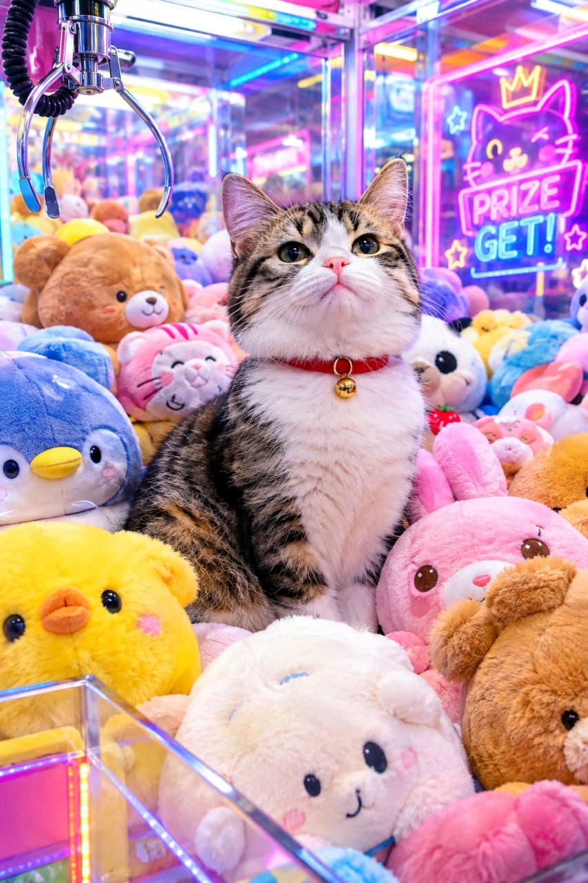 「ボクがこのゲームセンターの特大レア景品だにゃ👑✨アームで絶対つかんでお持ち帰りしてね🐾 #猫 #クレーンゲーム #ゲーセン #ぬいぐるみ #ドヤ顔」Ultra-realistic high-quality photograph of a real brown tabby and white cat sitting confidently among a mountain of cute, colorful plush toys inside a bright glass claw machine. The cat wears a red collar with a golden bell and looks up with a proud expression. The scene is illuminated by vibrant neon arcade lighting with a "PRIZE GET!" sign, capturing a playful and highly detailed atmosphere. 色鮮やかなネオンサインが光るゲームセンターのクレーンゲーム機の中で、カラフルで可愛い動物のぬいぐるみの山に埋もれるように座る、キジ白(ブラウンタビー&ホワイト)の猫。鈴のついた赤い首輪をつけ、「自分が一番の景品だ」と言わんばかりの誇らしげで自信に満ちた表情で上を見上げています。ポップで鮮やかな色彩が美しい詳細な写真