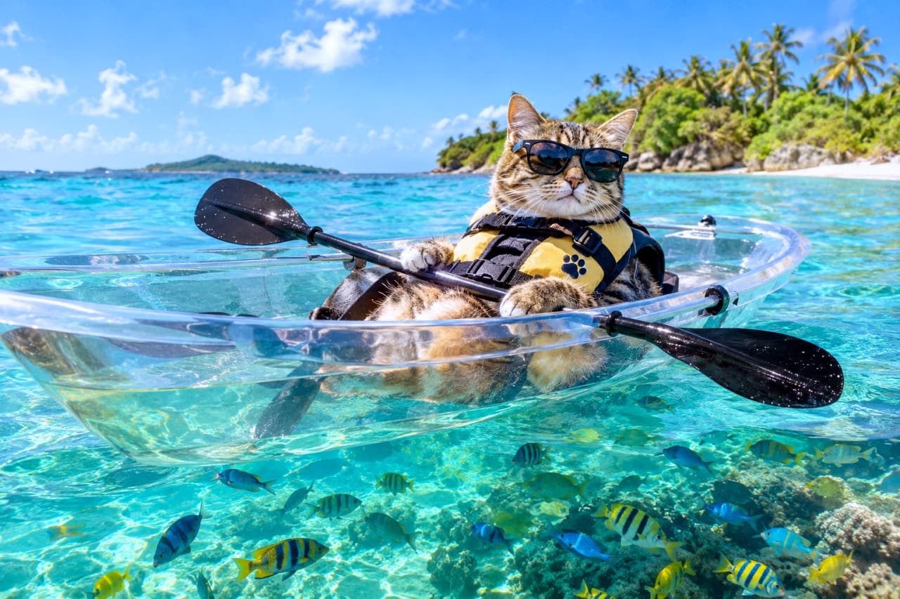 「バカンス中🕶️🏝️透き通る海と魚たち、最高すぎるにゃ🐾 #猫 #バカンス #海 #クリアカヤック #夏休み」Ultra-realistic photorealistic high-quality photograph of a cool brown tabby mixed-breed cat wearing dark sunglasses and a yellow life vest with a paw print, relaxing in a transparent kayak. The kayak floats on crystal clear turquoise ocean water, through which many colorful tropical fish like chromis and butterflyfish can be seen swimming. The cat is partially reclined, with a black paddle resting across the kayak. The background features a stunning tropical island with lush palm trees, a white sand beach, and a bright blue sky with fluffy clouds. Sunshine is abundant. 驚くほど透き通ったターコイズブルーの海に浮かぶ透明なカヤック(クリアカヤック)の中で、黒いサングラスを掛け、肉球マーク付きの黄色いライフジャケット(ハーネス)を着用してくつろぐ、キジトラ雑種の猫(ブラウンタビー)。仰向けに近いポーズでカヤックの縁にパドルを掛け、クールな表情を見せている。カヤックの下の澄んだ水には、スズメダイやチョウチョウウオなどのカラフルな熱帯魚が泳ぎ、背景には白い砂浜、緑豊かなパームツリーが茂る無人島、青い空と白い雲が広がる。光あふれるフォトリアルな写真
