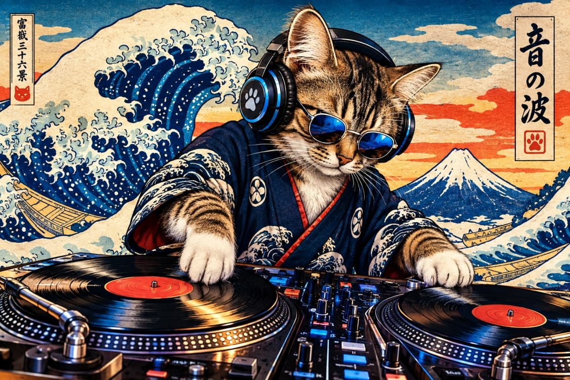 「和洋折衷のビートを刻むにゃ🎧🌊浮世絵の世界で最高のDJプレイを披露するぜ!みんなノッてる?🐾 #猫DJ #浮世絵 #音楽好き #和風モダン」Ultra-realistic high-quality photograph of a cool brown tabby cat wearing modern blue DJ headphones, sunglasses, and a traditional Japanese kimono, spinning vinyl records on a DJ turntable. The background features a stylized Ukiyo-e traditional Japanese woodblock print of a great wave and Mount Fuji, showcasing a dynamic fusion of traditional art and modern music culture. 浮世絵風のダイナミックな波と富士山を背景に、青いDJヘッドホンとティアドロップ型のサングラス、和柄の法被(着物)を身につけたキジトラ猫が、本格的なDJターンテーブルでレコードを回す姿。「富嶽三十六景」や「音の波」といったタイポグラフィが配置され、日本の伝統芸術と現代のクラブカルチャーが見事に融合した、色彩豊かで超リアルな写真