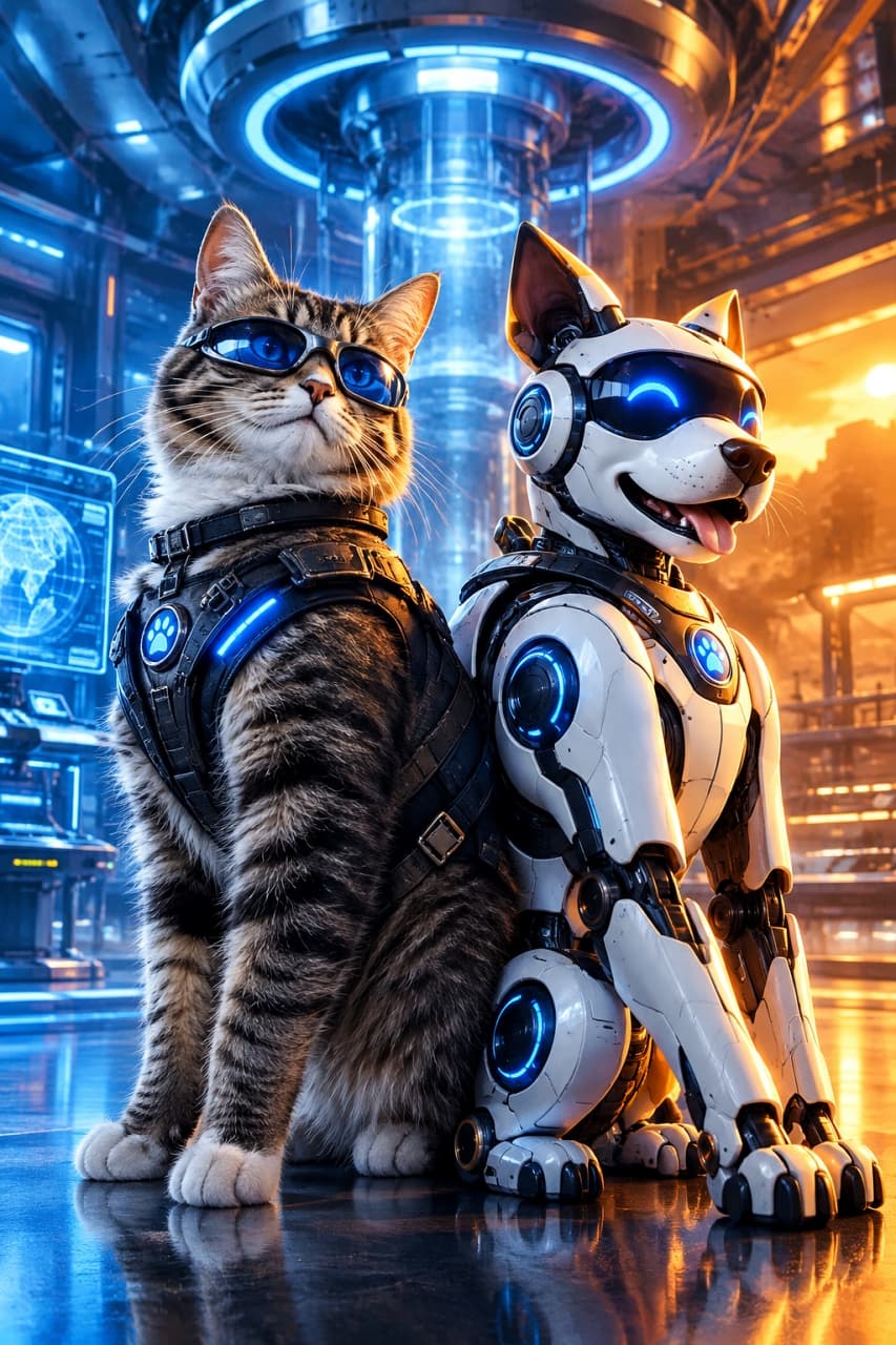 「最高の相棒と一緒に未来を守るにゃ😎🤖最強バディの誕生!ハリウッド映画のオファー待ってます🐾 #猫 #サイバーパンク #ロボット #相棒 #かっこいい」Ultra-realistic high-quality photograph of a cool brown tabby cat wearing futuristic blue goggles and a black tactical vest, posing back-to-back with a sleek, friendly white robot dog. The background is a highly detailed sci-fi metallic laboratory illuminated by cinematic blue and orange lighting, perfectly composed like an epic movie poster. 青とオレンジのシネマティックな光に包まれたメタリックなSF研究所で、サイバーパンク風の青いゴーグルとタクティカルベストを装着した堂々たるキジトラ猫が、洗練されたデザインの白いロボット犬と背中合わせにポーズを決める。ハイテクなモニターや機械類が並ぶ背景と相まって、映画のポスターのような壮大でクールな構図の写真