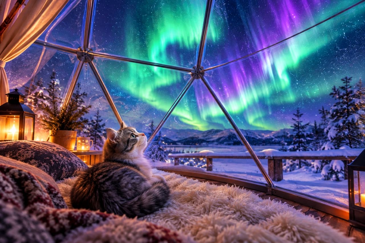 「お部屋の中から見る魔法の空🌌✨お外は寒いけど、ここはポカポカ特等席だにゃ🐾 #猫 #グランピング #オーロラ #冬景色 #絶景」Ultra-realistic high-quality photograph of a cozy long-haired brown tabby and white cat curled up on a plush white rug inside a transparent glamping dome. The cat is looking up in awe at a vibrant green and purple aurora borealis stretching across the night sky. Outside the glass, a magical snowy landscape is visible, contrasting with the warm, inviting lantern light inside the dome. 暖かな透明のグランピングドーム内で、ふわふわの白いラグの上に丸く座り、夜空に広がる鮮やかな緑と紫のオーロラを畏敬の念を持って見上げるキジトラ白の長毛猫。猫の大きな瞳にオーロラの光が映り込んでいます。ドームの外には雪化粧をした美しい冬の山々と森が広がり、室内のランタンの暖かな光と、夜空の神秘的な光が交差する魔法のような空間