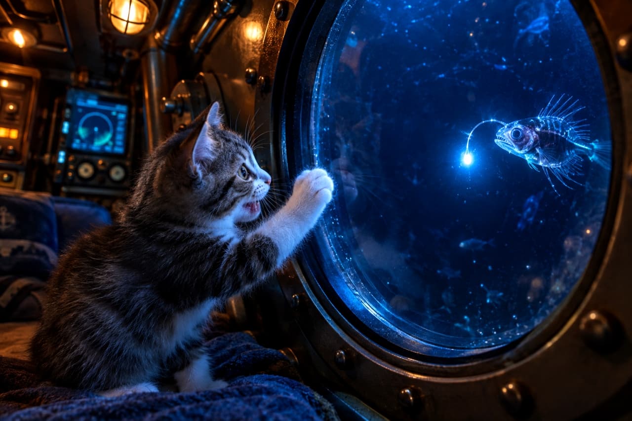 「深海探検に出発!⚓外を泳ぐピカピカ光るお魚さんに大興奮だにゃ🐟✨ #猫 #潜水艦 #深海魚 #探検 #好奇心旺盛」Ultra-realistic cinematic photograph of an active brown tabby and white kitten inside a submarine, playfully pawing at the thick round glass window. Outside in the dark blue ocean depth, a strange, glowing deep-sea fish swims by. The glowing light from the fish illuminates the kitten's fascinated and slightly open-mouthed expression, creating a mysterious and captivating scene. 薄暗い潜水艦の中で、分厚い円形のガラス窓に両前足をつき、外を泳ぐ発光する不思議な深海魚(チョウチンアンコウのような姿)を好奇心いっぱいに見つめるキジトラ白の子猫。大きく開いた口と丸い瞳から興奮が伝わります。深い青色の海中と、深海魚の神秘的な青白い光が子猫の顔を照らし出す、シネマティックで臨場感あふれる空間描写