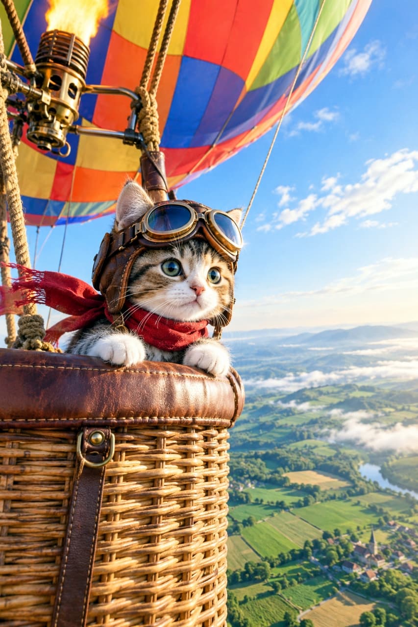 「新しい世界へ出発だにゃ🎈✨お空の上から見る景色は最高!次の冒険はどこへ行こうかな🐾 #猫 #熱気球 #冒険 #空の旅 #チャレンジ」Ultra-realistic high-quality photograph of a brave brown tabby and white kitten wearing a vintage leather aviator hat with goggles and a red scarf, peeking over the edge of a wicker basket of a colorful hot air balloon. The breathtaking aerial view shows a beautiful patchwork of lush green fields and morning mist bathed in soft morning light. 爽やかな朝の光の中、ヴィンテージの革製飛行帽(アビエイターゴーグル付き)と赤いマフラーを身につけたキジトラ白の子猫が、カラフルな熱気球の籐かごから身を乗り出している。真剣で好奇心に満ちた緑色の瞳が印象的。眼下には緑豊かなパッチワークのような畑や美しい雲海が広がる、息をのむほど壮大で超高精細な航空写真