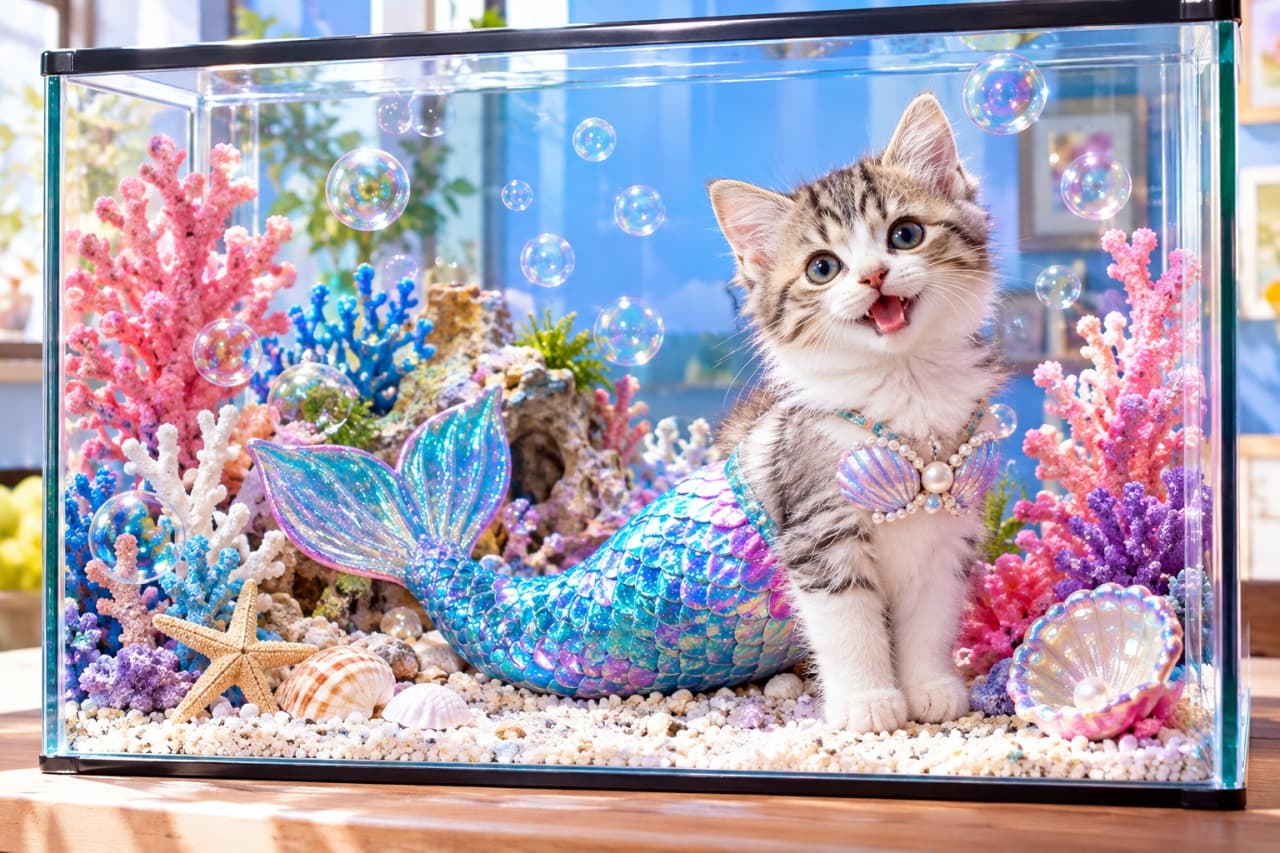 「陸に上がった小さな人魚姫だにゃ🧜♀️✨綺麗なお魚さんになった気分でお留守番してるよ🐾 #猫 #人魚 #アクアリウム #ファンタジー #コスプレ猫」Ultra-realistic high-quality whimsical photograph of a cute brown tabby and white kitten wearing a shiny blue and purple mermaid tail costume and shell top, sitting playfully inside a large empty glass aquarium. The tank is beautifully decorated with colorful corals, a starfish, and floating bubbles under bright studio lighting, creating a magical atmosphere. 水の入っていない大きなガラス水槽の中で、青と紫にホログラムのように輝く人魚のしっぽのコスチュームと貝殻のブラトップを身につけたキジトラ白の子猫が、口を開けて楽しそうに座っている。水槽内にはピンクや青の鮮やかなサンゴ、ヒトデ、大きな貝殻が配置され、周囲にはシャボン玉が浮かぶ、明るいスタジオライティングのファンタジーな写真