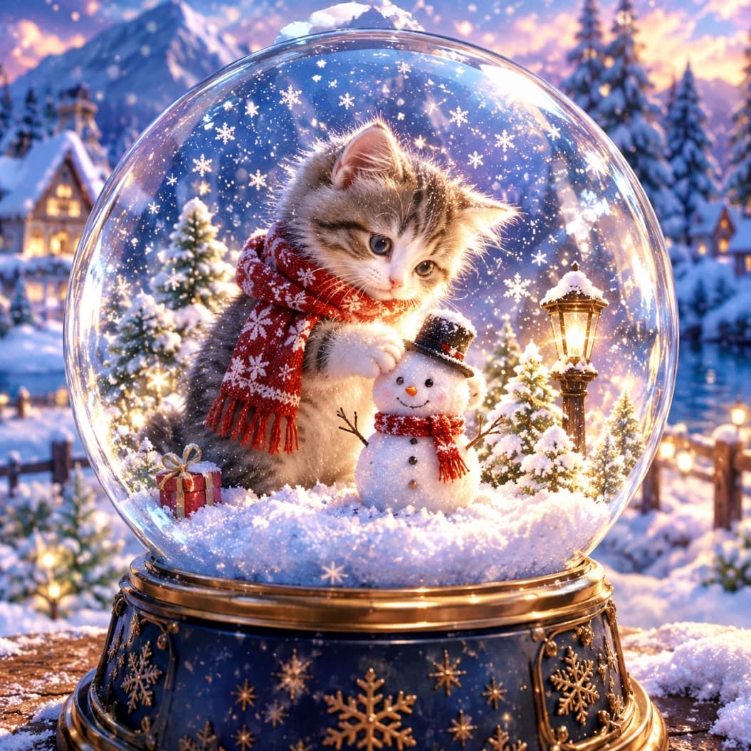 「魔法のスノードームで小さな雪だるまのお友達ができたよ⛄❄️ずっと一緒に遊ぼうにゃ🐾 #猫 #子猫 #スノードーム #冬の魔法 #雪だるま」Ultra-realistic high-quality photograph of an incredibly cute fluffy tabby and white kitten wearing a red knitted scarf, gently touching a tiny snowman inside a giant magical snow globe. The kitten has beautiful blue eyes. Outside the glass, a winter wonderland with snowy mountains is visible. Gentle snow falls inside the globe, illuminated by warm, magical digital art lighting. 巨大で幻想的なスノードームの中で、赤いニットマフラーを巻いたフワフワのキジ白子猫が、小さな手で雪だるまの頭を撫でているデジタルアート風の写真。子猫の青い瞳とあどけない表情が魅力的です。ガラスの外には雪化粧をした冬の森と山が広がり、ドーム内にはキラキラと優しい雪が舞う、魔法のような温かい光に包まれた光景