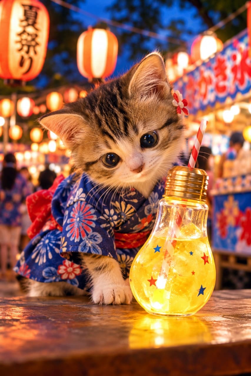 「初めての夏祭り🏮✨このピカピカ光る美味しいお水はなんだにゃ?🐾 #猫 #夏祭り #浴衣猫 #電球ソーダ #夏の思い出 #好奇心旺盛」Ultra-realistic high-quality photograph of a highly curious brown tabby kitten wearing a tiny, colorful blue and red yukata at a lively Japanese summer festival. The kitten is looking closely at a glowing, lightbulb-shaped yellow juice cup on a wooden table. The warmly blurred background is filled with traditional paper lanterns and festival stalls, capturing a festive and magical evening atmosphere. 活気あふれる日本の夏祭りで、鮮やかな青と赤の花柄の小さな浴衣を着たキジトラ(ブラウンタビー)の子猫。テーブルの上に置かれた、星柄があしらわれた黄色く光る電球型のジュースカップを、大きなどんぐり眼で不思議そうに覗き込んでいます。背景には温かくぼやけた提灯の明かりや屋台が並び、ノスタルジックで幻想的なお祭りの夜を演出