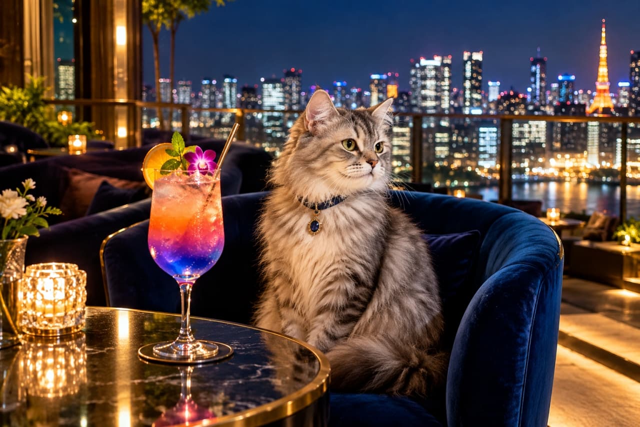「都会の夜景をバックに、今夜は特別なノンアルカクテルで乾杯🥂✨大人の階段登っちゃうにゃん🐾 #猫 #ルーフトップバー #夜景 #ラグジュアリー #カクテル」Ultra-realistic high-quality photograph of an elegant long-haired silver tabby cat with green eyes, sitting on a navy velvet chair at a luxurious rooftop bar. The cat wears a jeweled blue collar, looking at the glowing city night skyline featuring a glowing tower. A colorful gradient non-alcoholic cocktail rests on a table, bathed in cinematic lighting. 高級感溢れるルーフトップバーのネイビーのベルベットソファに座り、東京タワーが見える煌びやかな都会の夜景を眺める長毛のシルバータビー猫。美しい緑色の瞳と、ブルーの宝石がついた首輪がエレガントさを引き立てます。大理石調のテーブルには鮮やかなグラデーションのノンアルコールカクテルが置かれ、シネマティックで洗練された光に包まれています